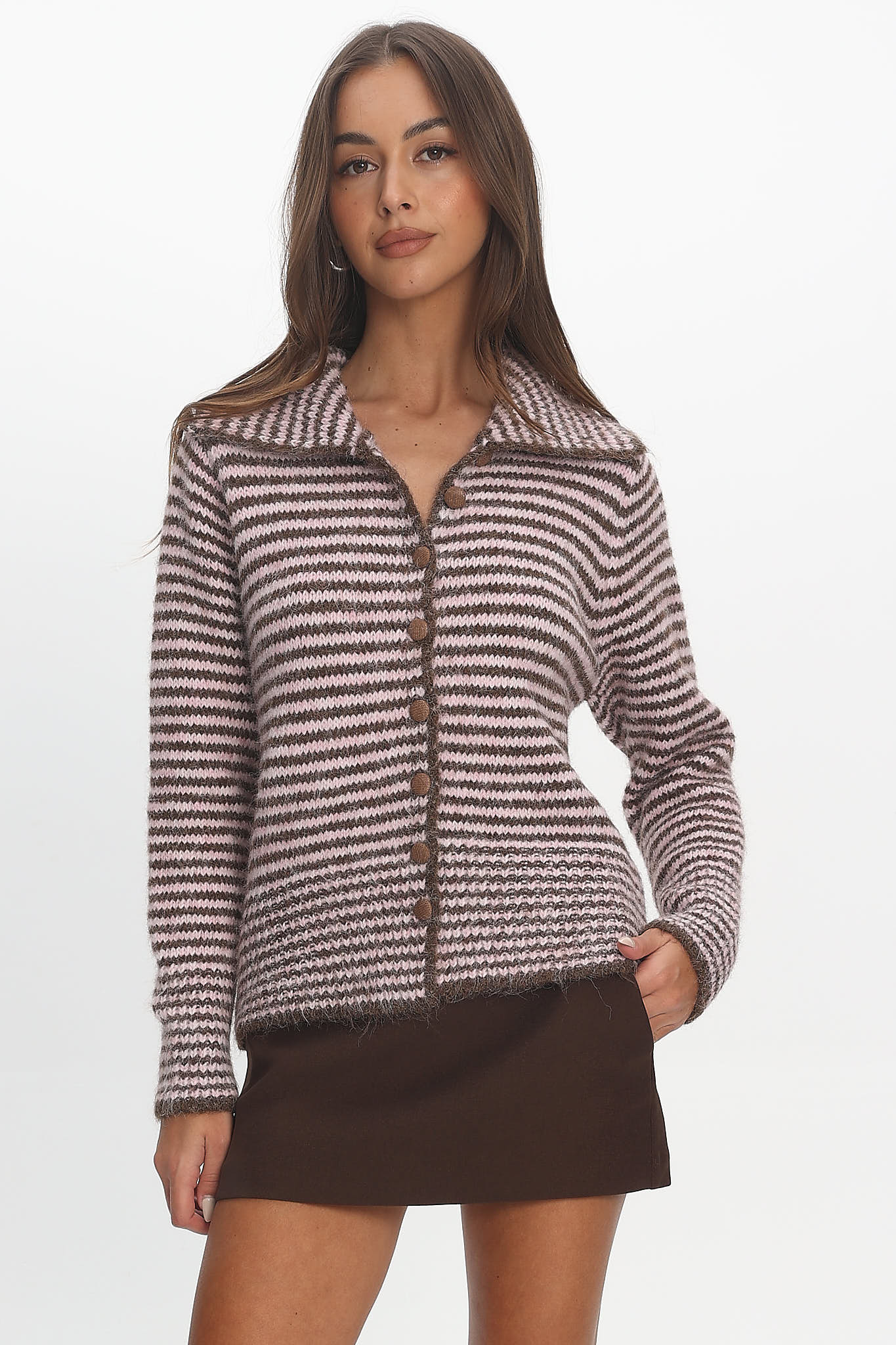 Gavrielle Collared Knit Cardigan Stripe Chocolate by Selfie Leslie Australia