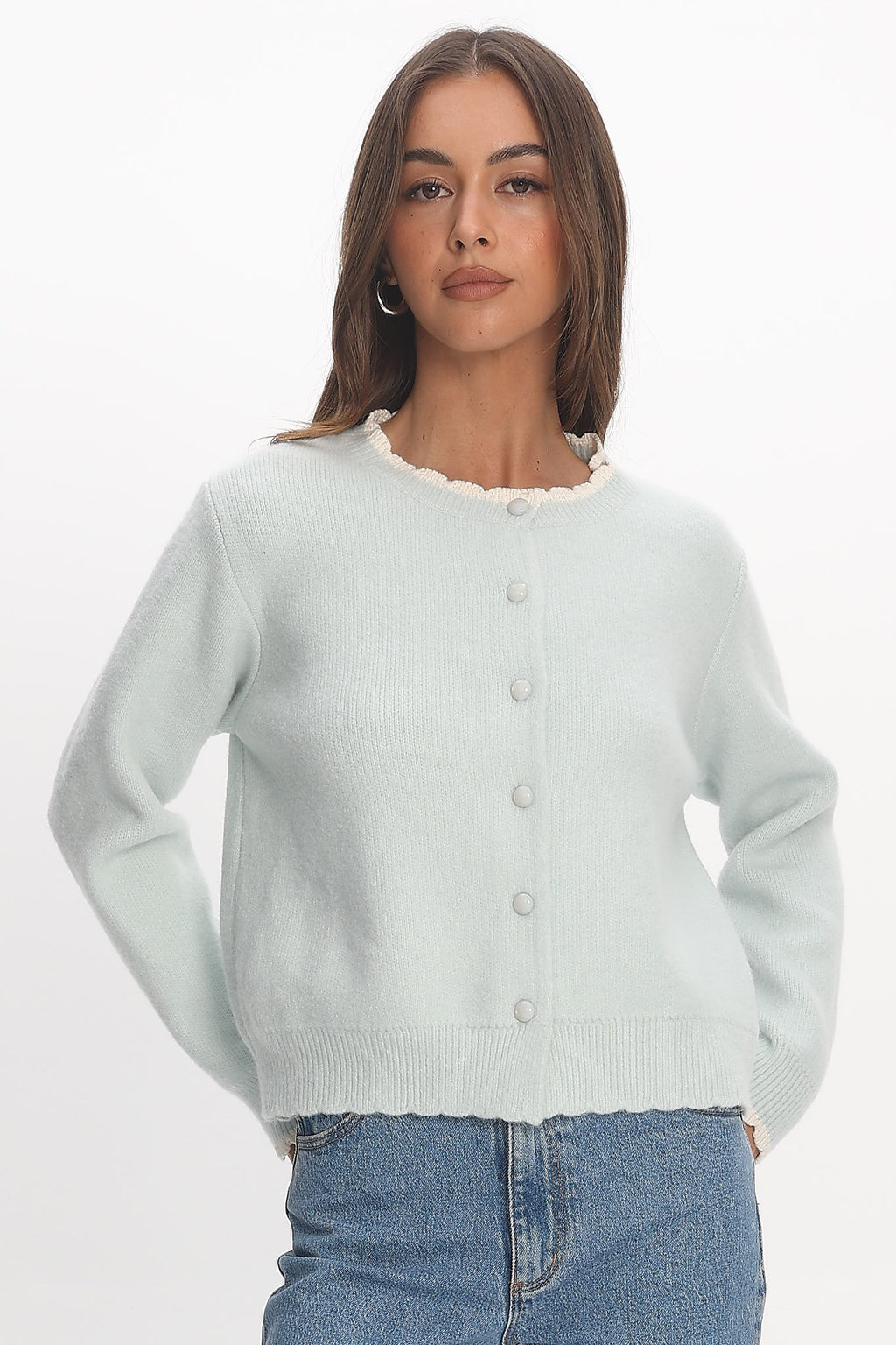 Aurore Scalloped Edge Knit Cardigan Baby Blue by Selfie Leslie Australia