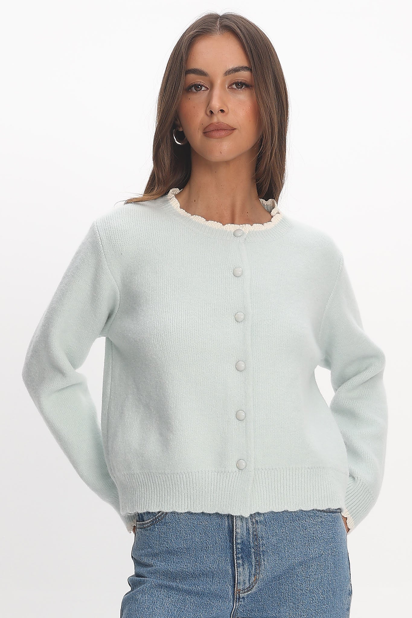 Aurore Scalloped Edge Knit Cardigan Baby Blue by Selfie Leslie Australia