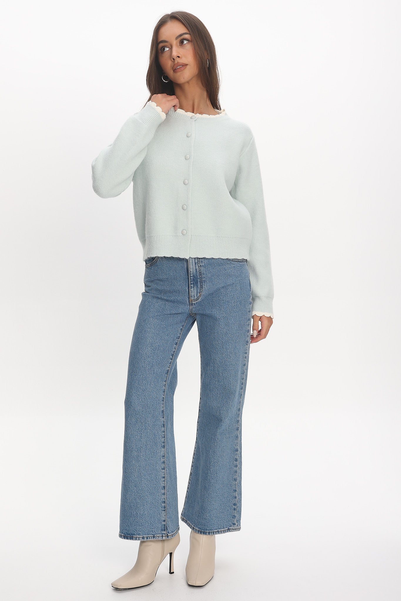 Aurore Scalloped Edge Knit Cardigan Baby Blue by Selfie Leslie Australia