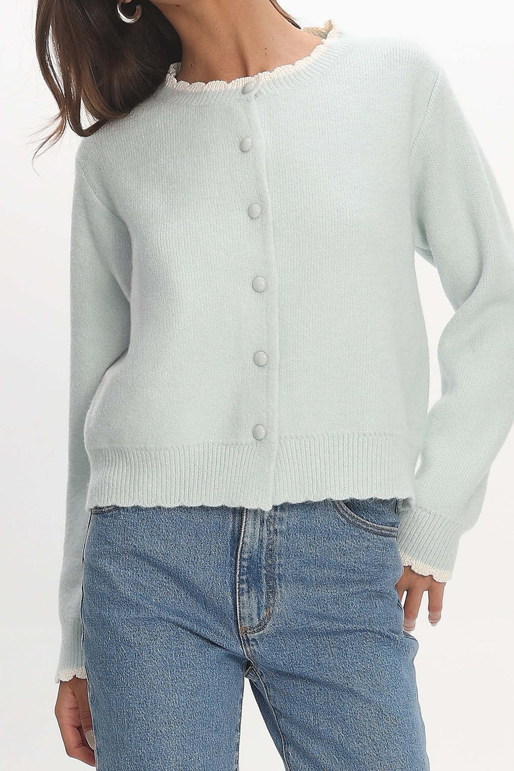 Aurore Scalloped Edge Knit Cardigan Baby Blue by Selfie Leslie Australia