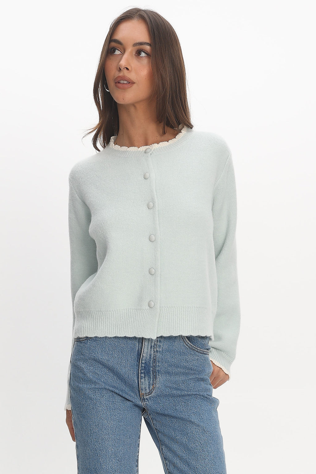 Aurore Scalloped Edge Knit Cardigan Baby Blue by Selfie Leslie Australia