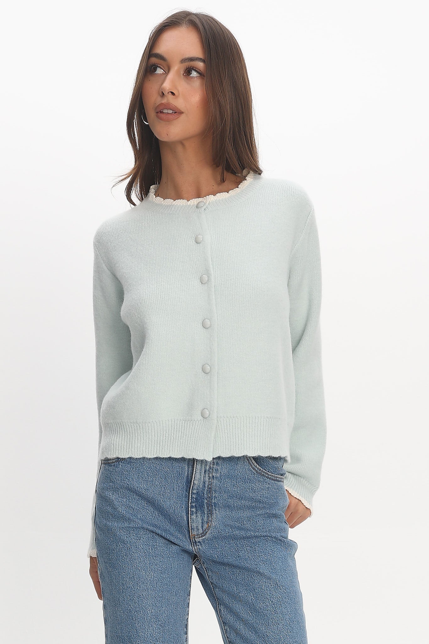 Aurore Scalloped Edge Knit Cardigan Baby Blue by Selfie Leslie Australia