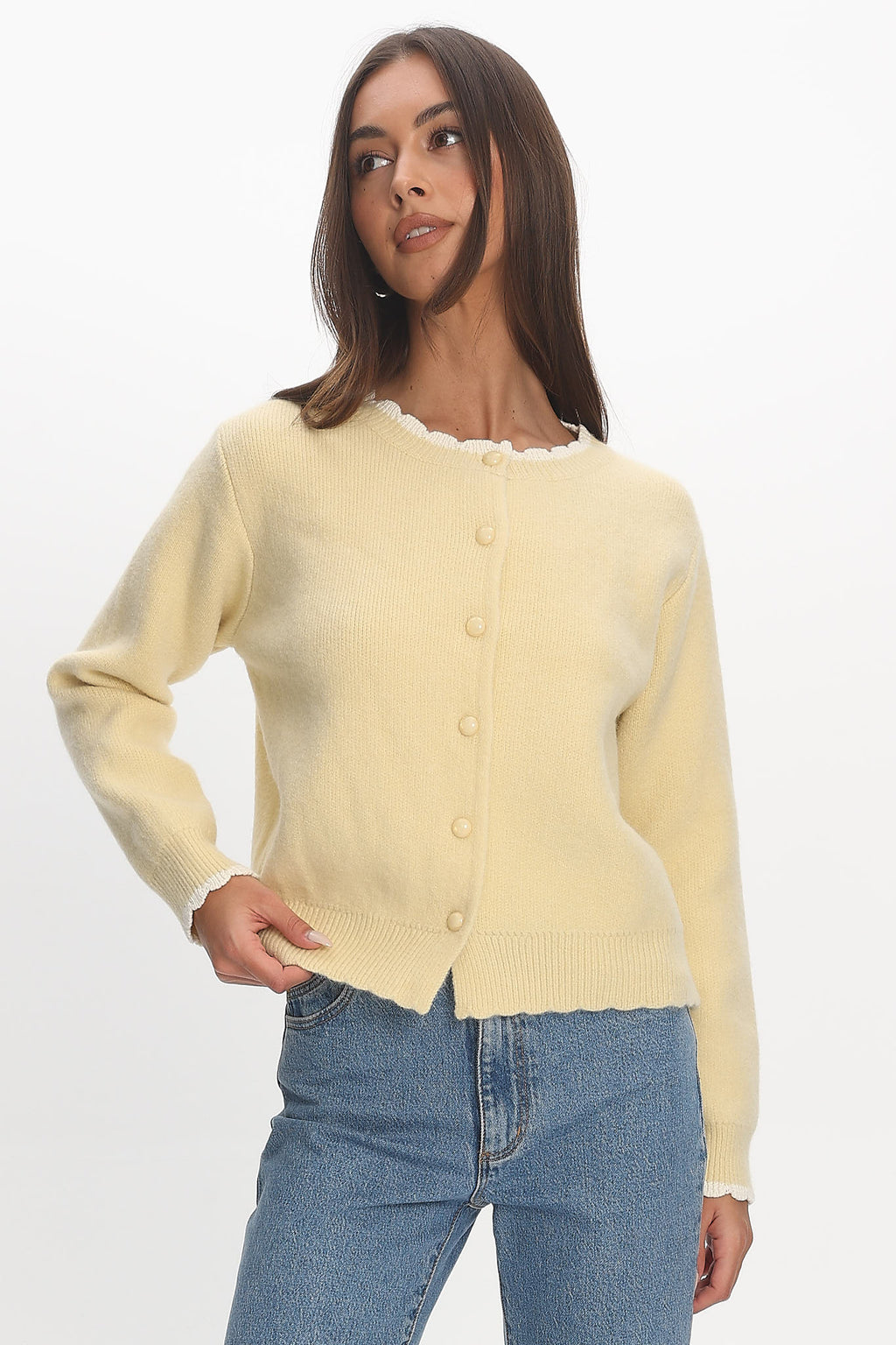 Aurore Scalloped Edge Knit Cardigan Butter by Selfie Leslie Australia