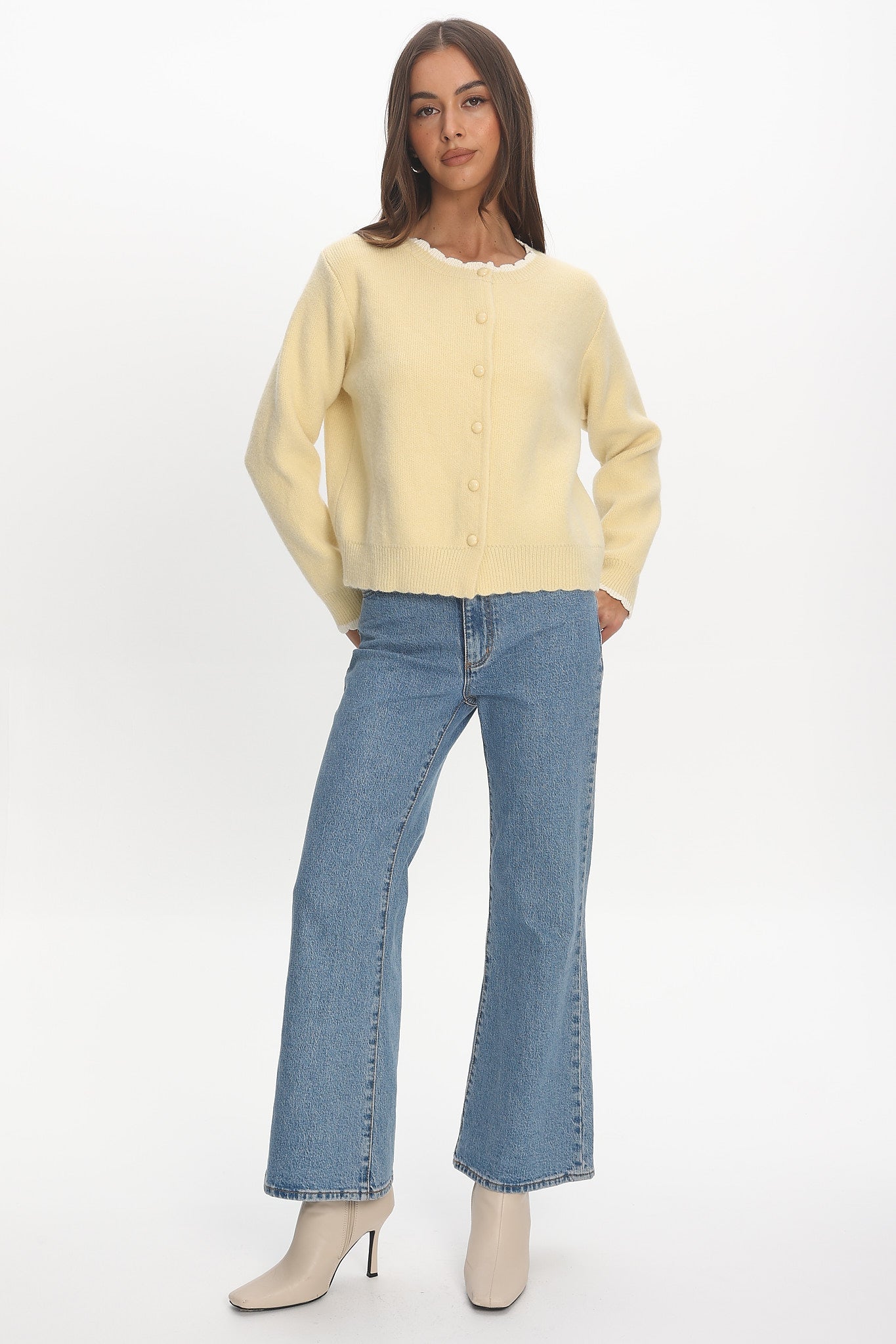 Aurore Scalloped Edge Knit Cardigan Butter by Selfie Leslie Australia