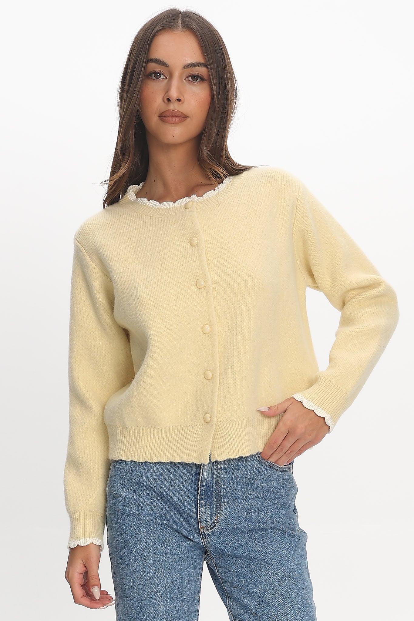 Aurore Scalloped Edge Knit Cardigan Butter by Selfie Leslie Australia