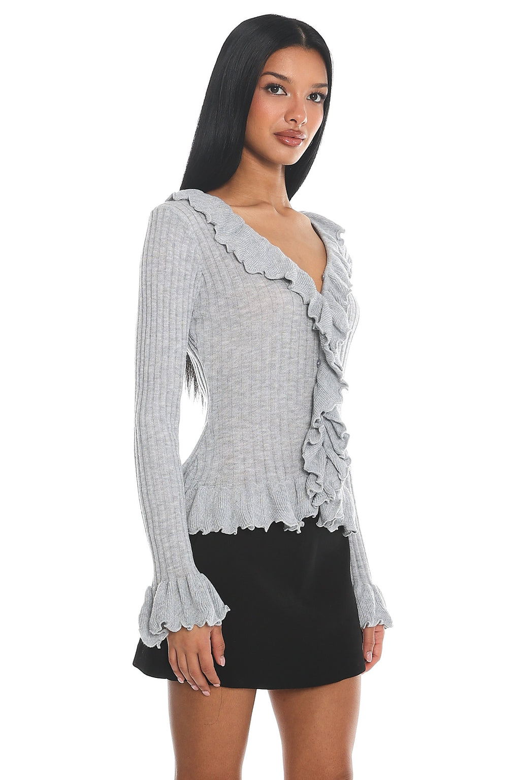 Jaimy Ruffle Trim Knit Cardigan Grey by Selfie Leslie Australia