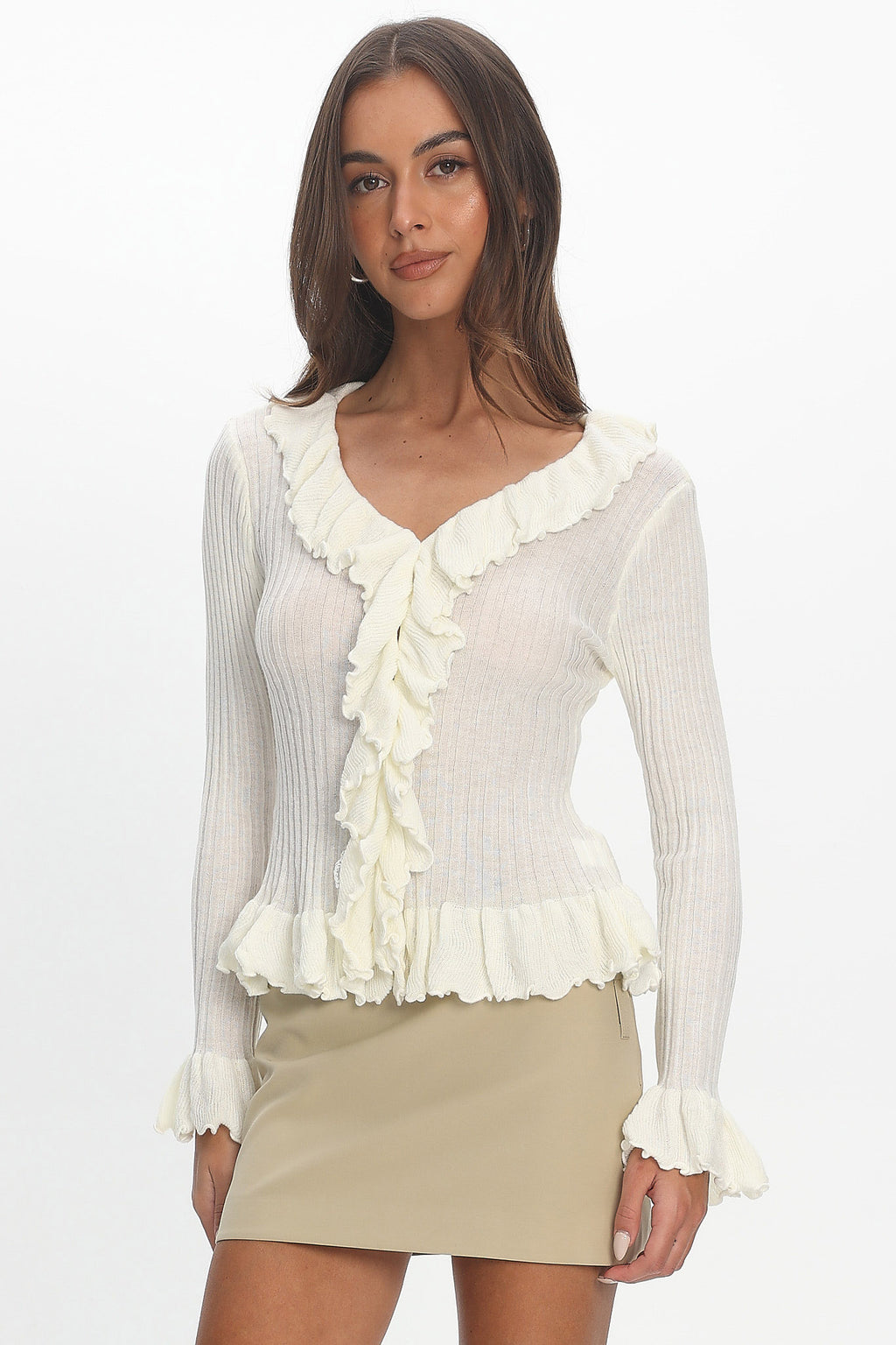 Jaimy Ruffle Trim Knit Cardigan Cream by Selfie Leslie Australia