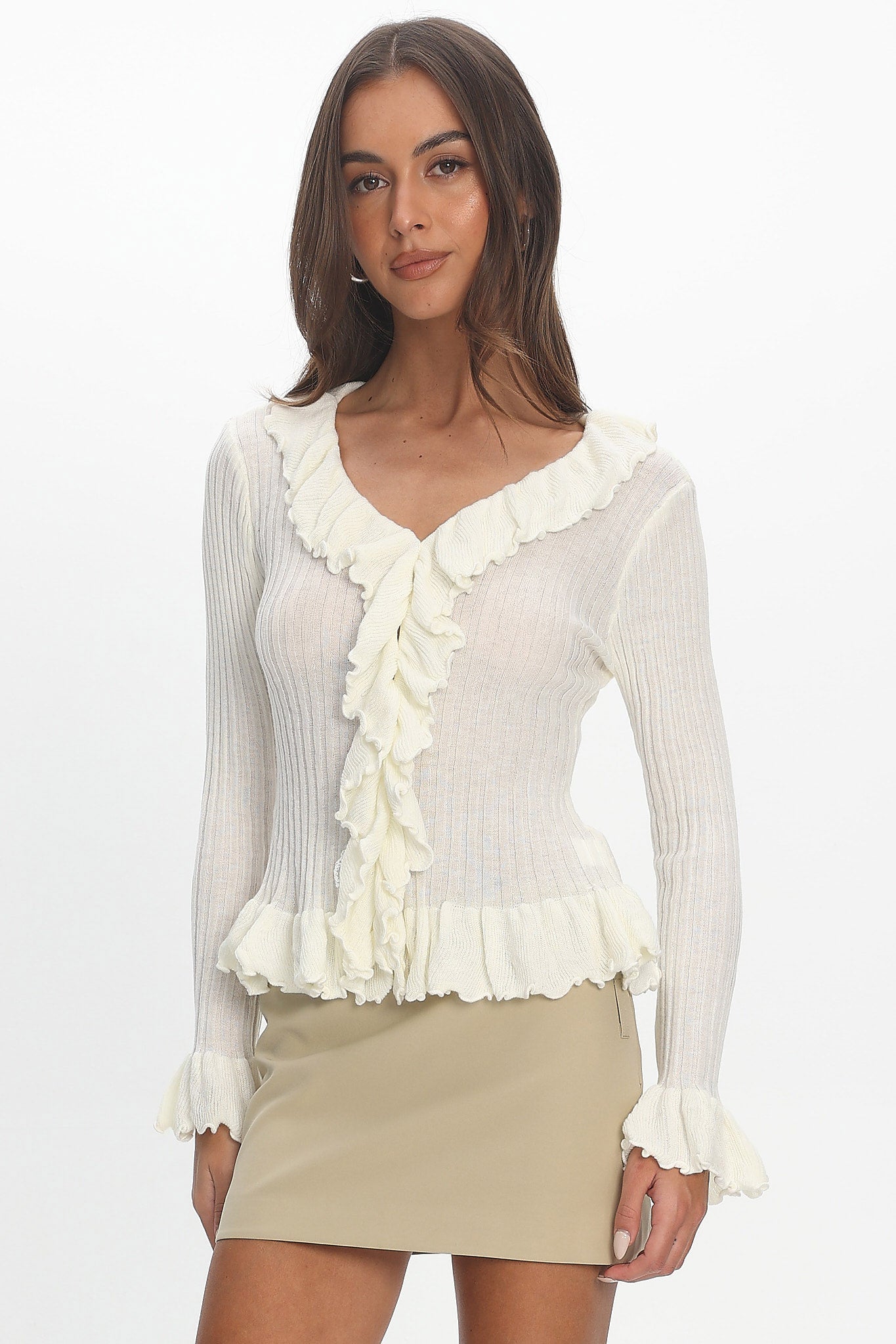 Jaimy Ruffle Trim Knit Cardigan Cream by Selfie Leslie Australia