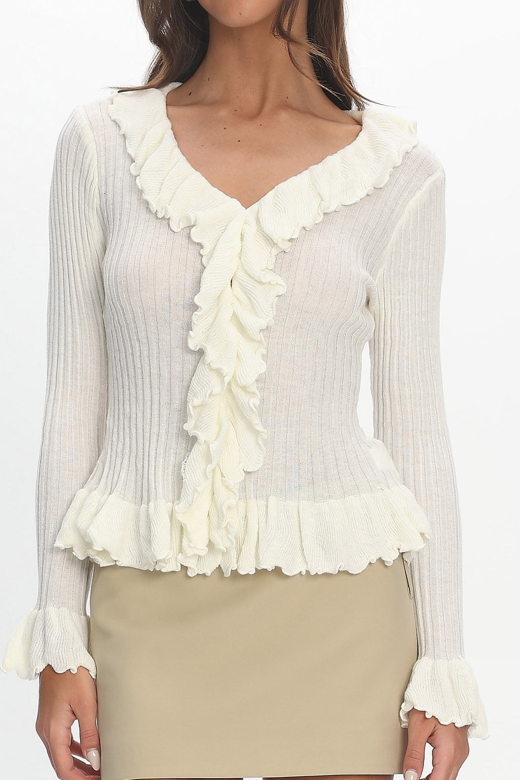 Jaimy Ruffle Trim Knit Cardigan Cream by Selfie Leslie Australia