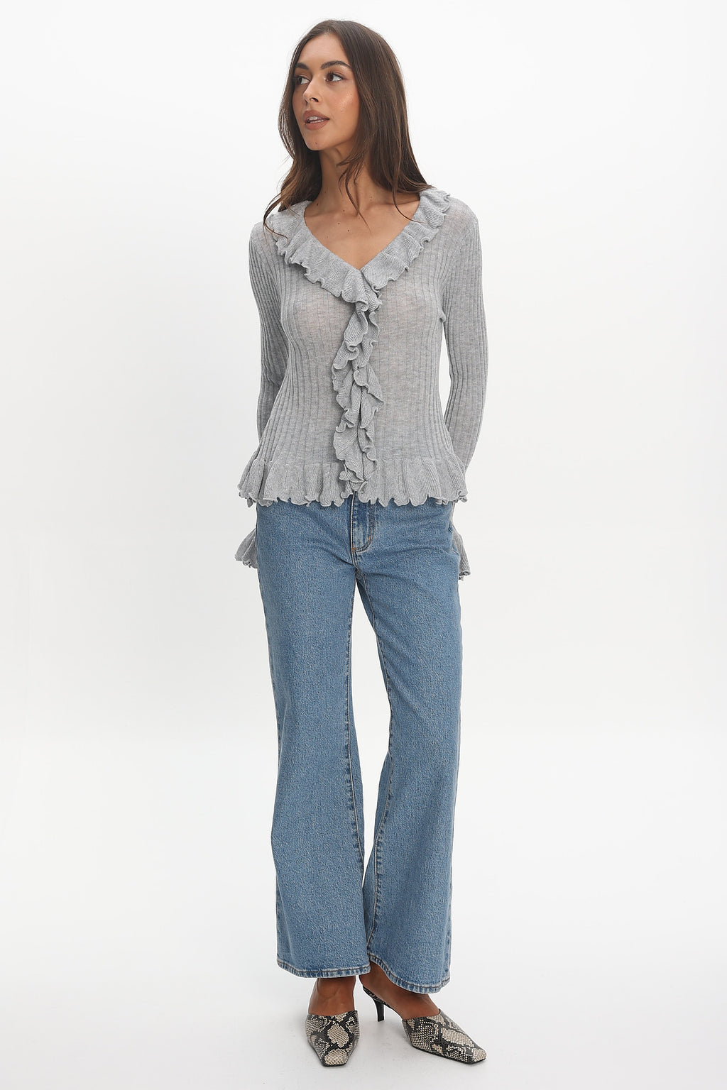 Jaimy Ruffle Trim Knit Cardigan Grey by Selfie Leslie Australia