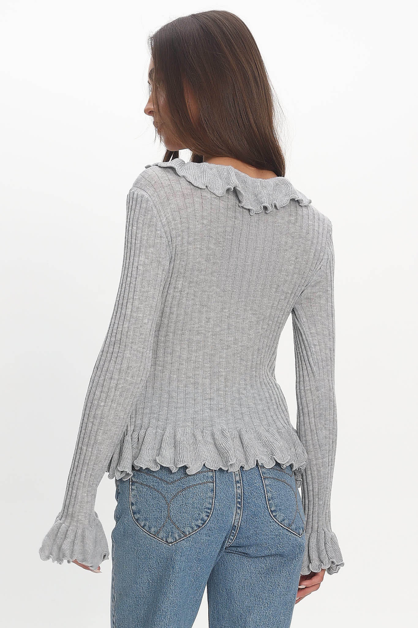Jaimy Ruffle Trim Knit Cardigan Grey by Selfie Leslie Australia