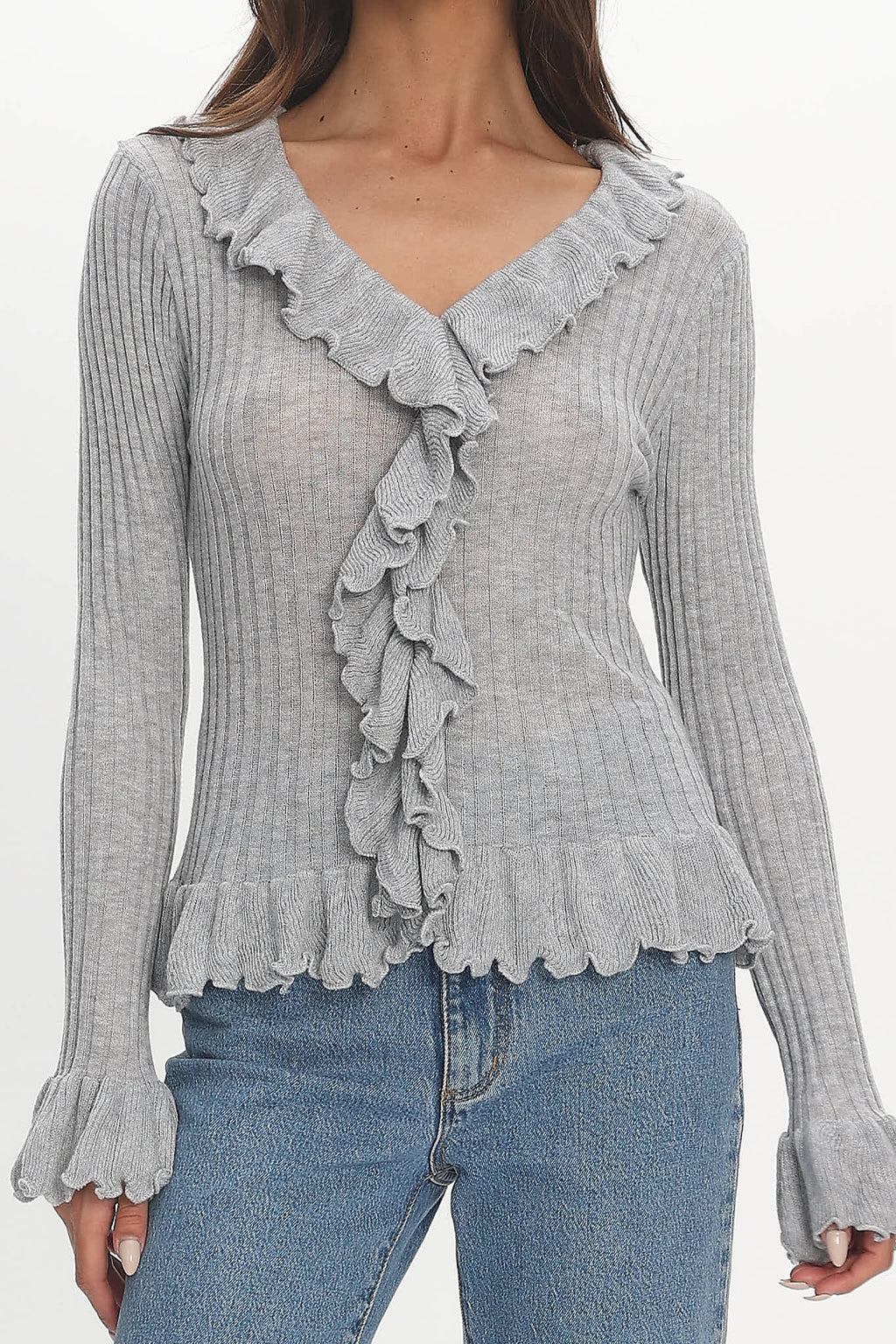 Jaimy Ruffle Trim Knit Cardigan Grey by Selfie Leslie Australia