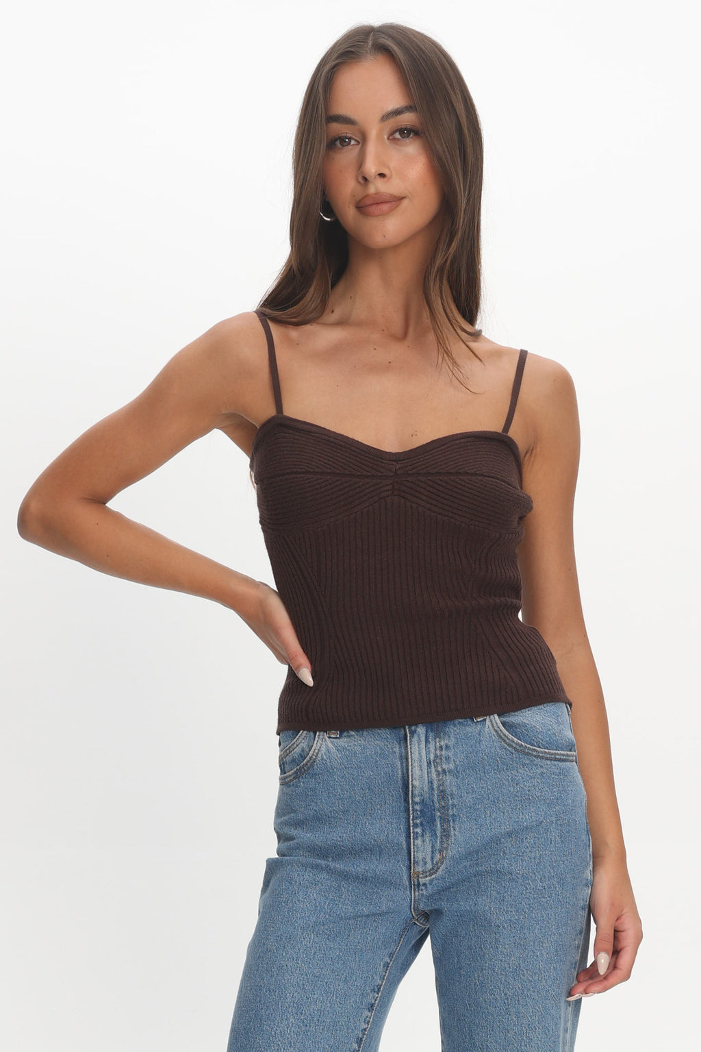 Prudence Ribbed Knit Cami Top Chocolate