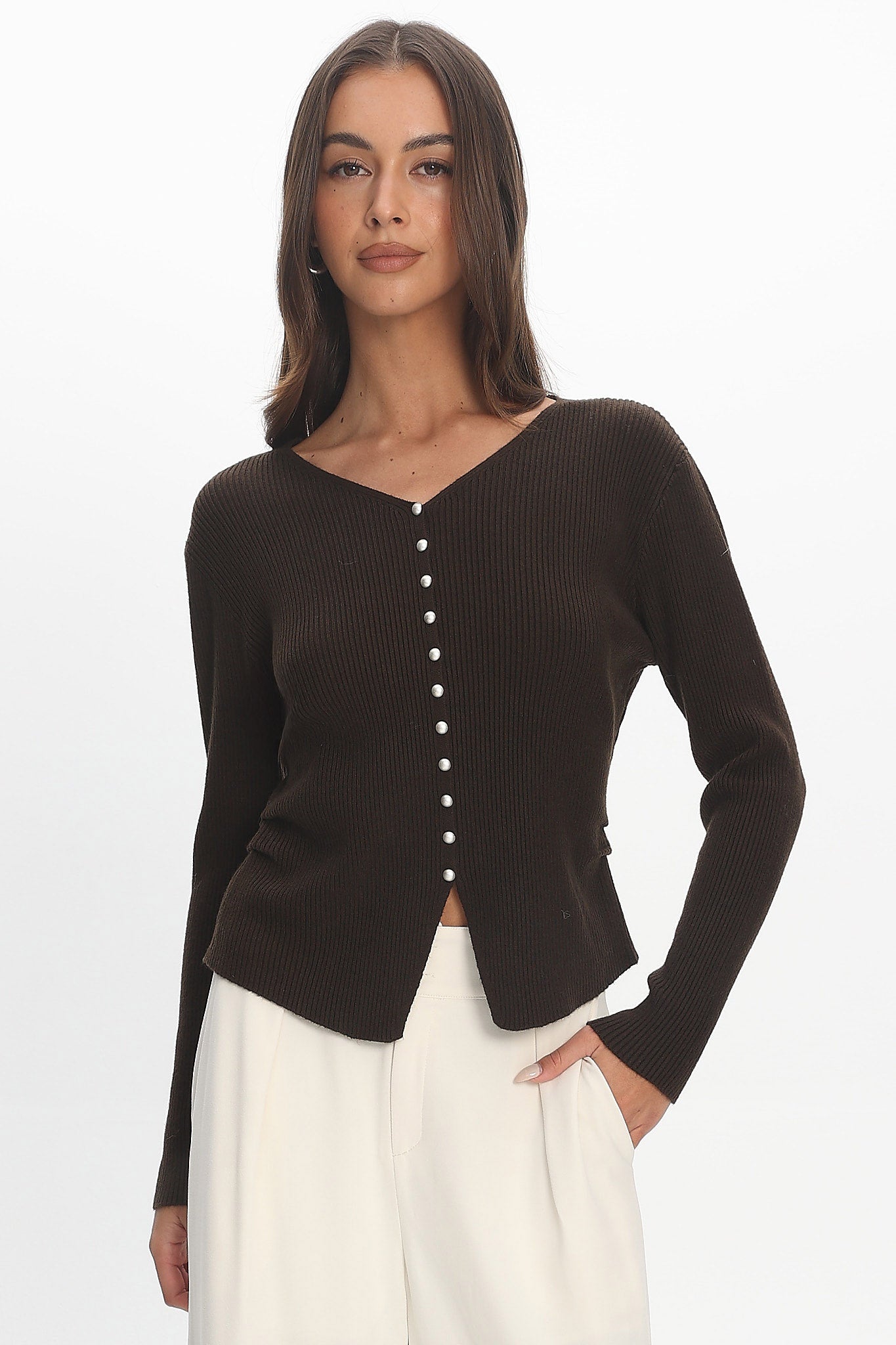 Louiz Button Front Ribbed Knit Cardigan Chocolate by Selfie Leslie Australia