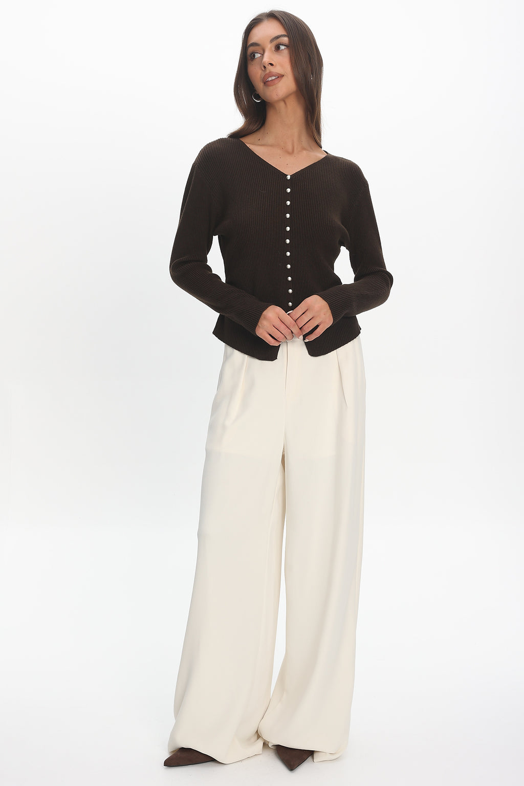 Louiz Button Front Ribbed Knit Cardigan Chocolate by Selfie Leslie Australia