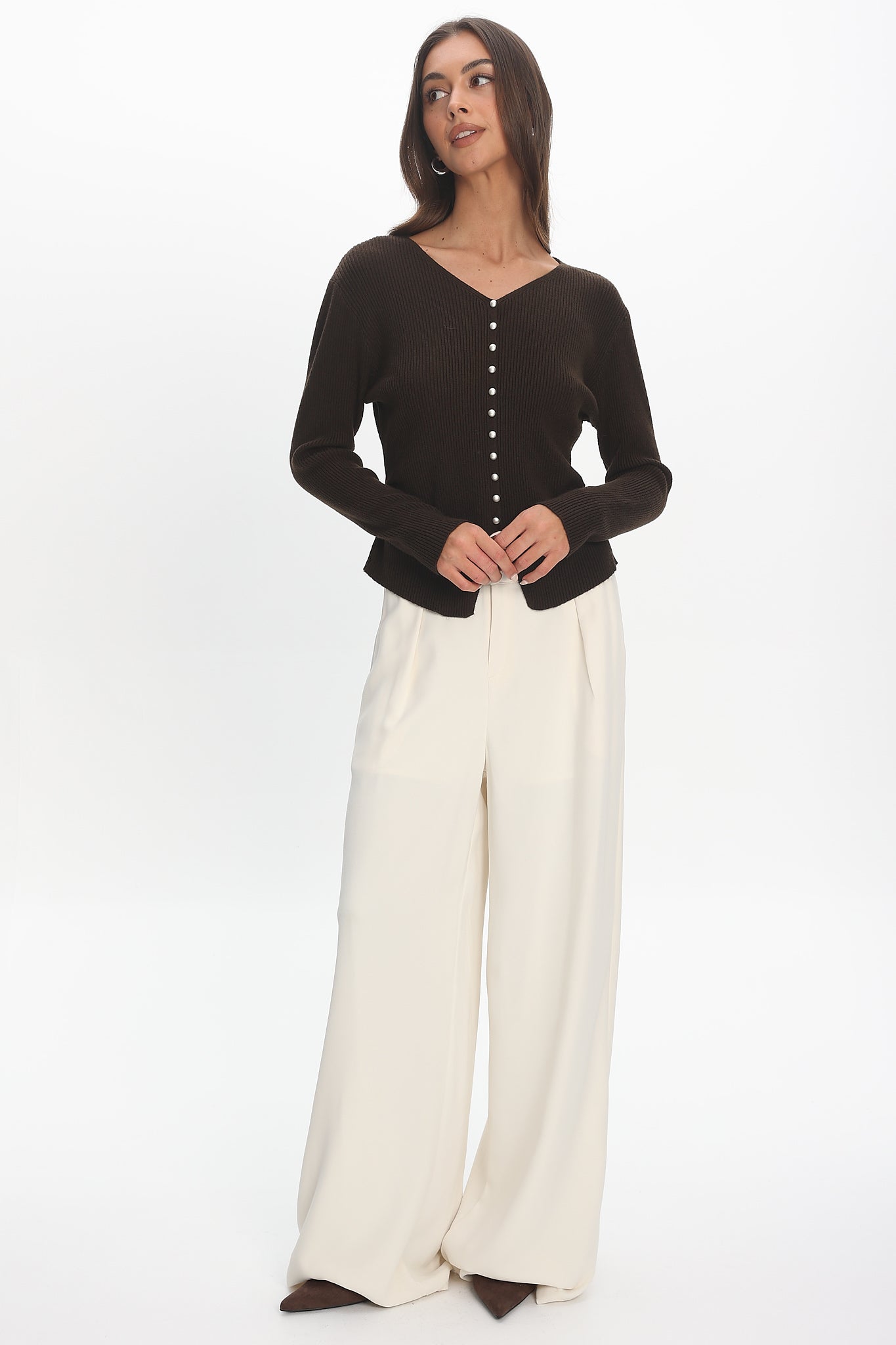 Louiz Button Front Ribbed Knit Cardigan Chocolate by Selfie Leslie Australia