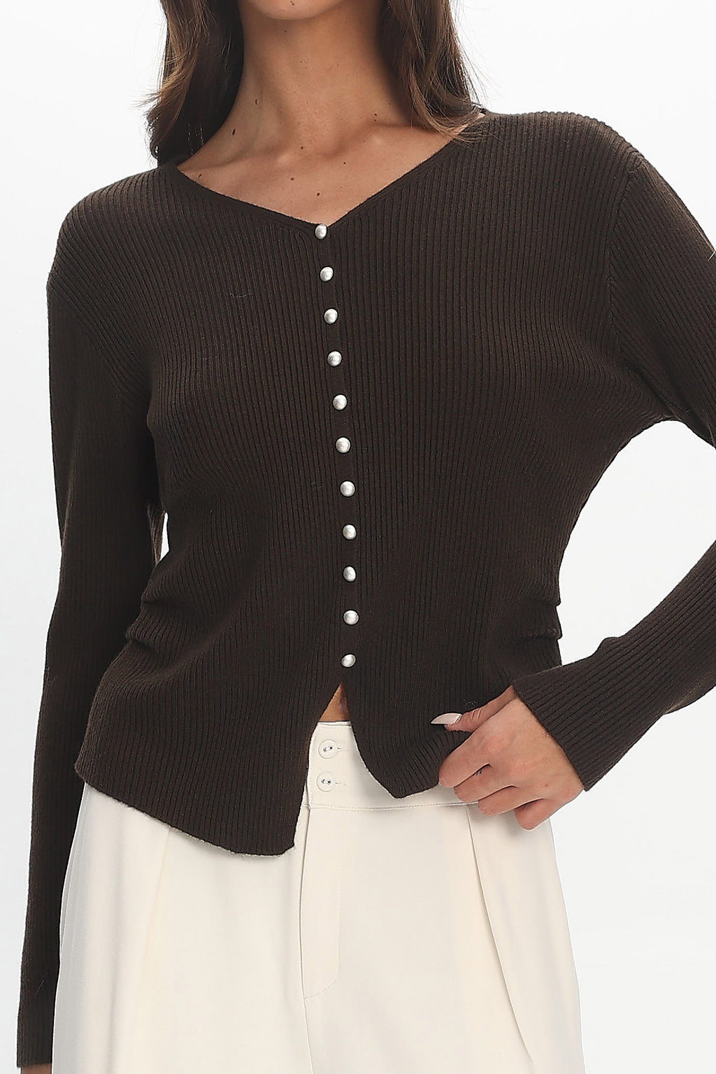 Louiz Button Front Ribbed Knit Cardigan Chocolate by Selfie Leslie Australia