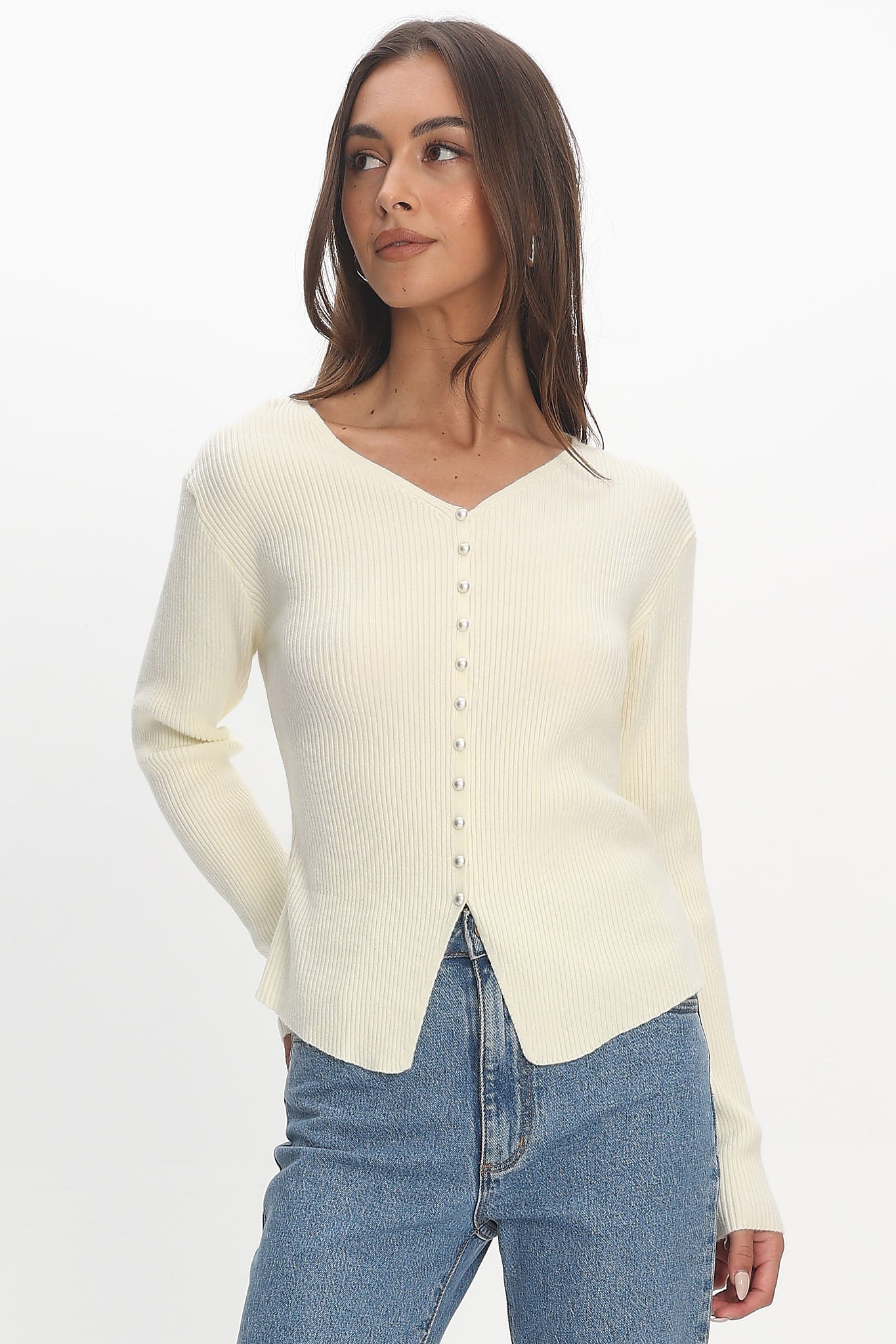 Louiz Button Front Ribbed Knit Cardigan Cream by Selfie Leslie Australia
