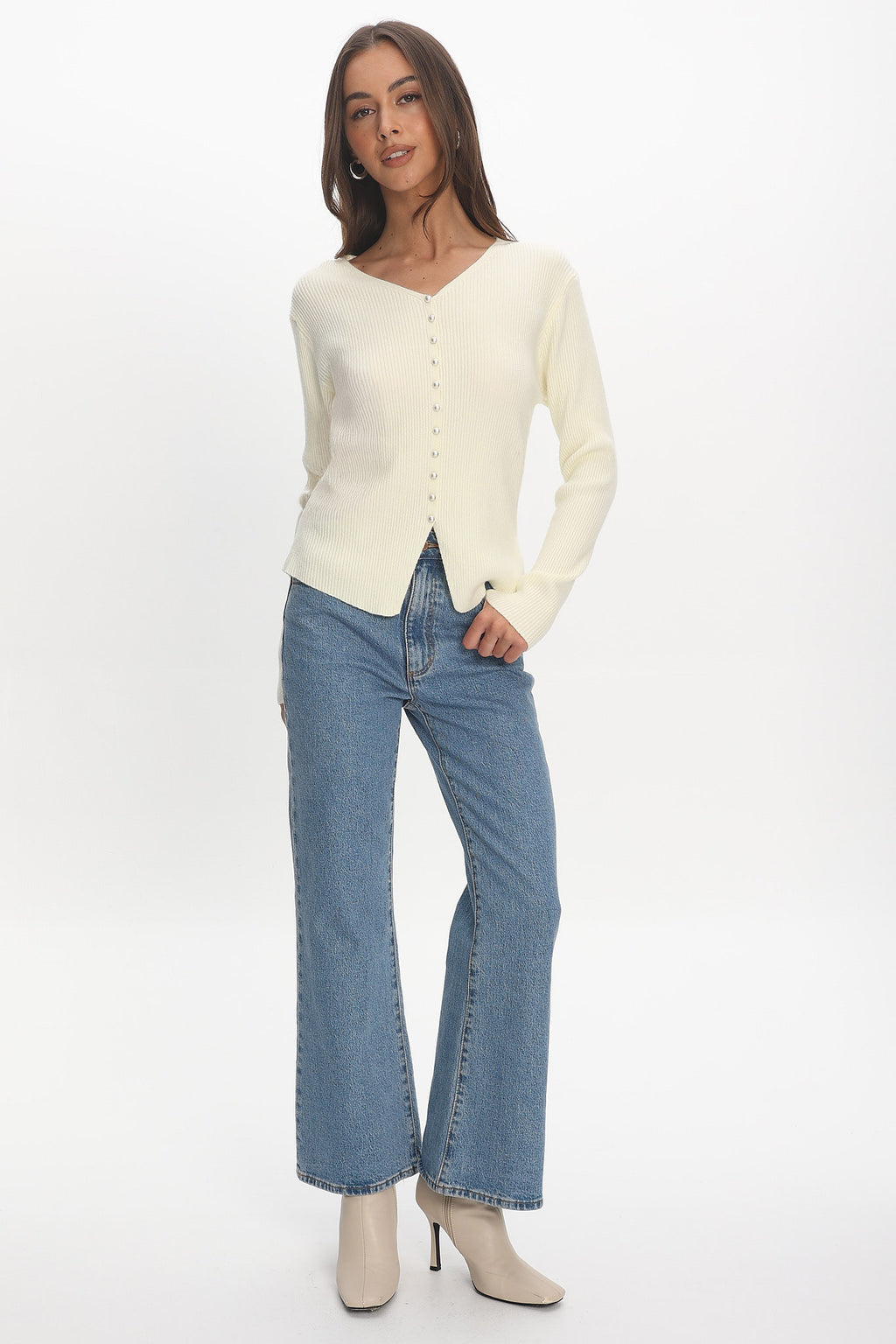 Louiz Button Front Ribbed Knit Cardigan Cream by Selfie Leslie Australia