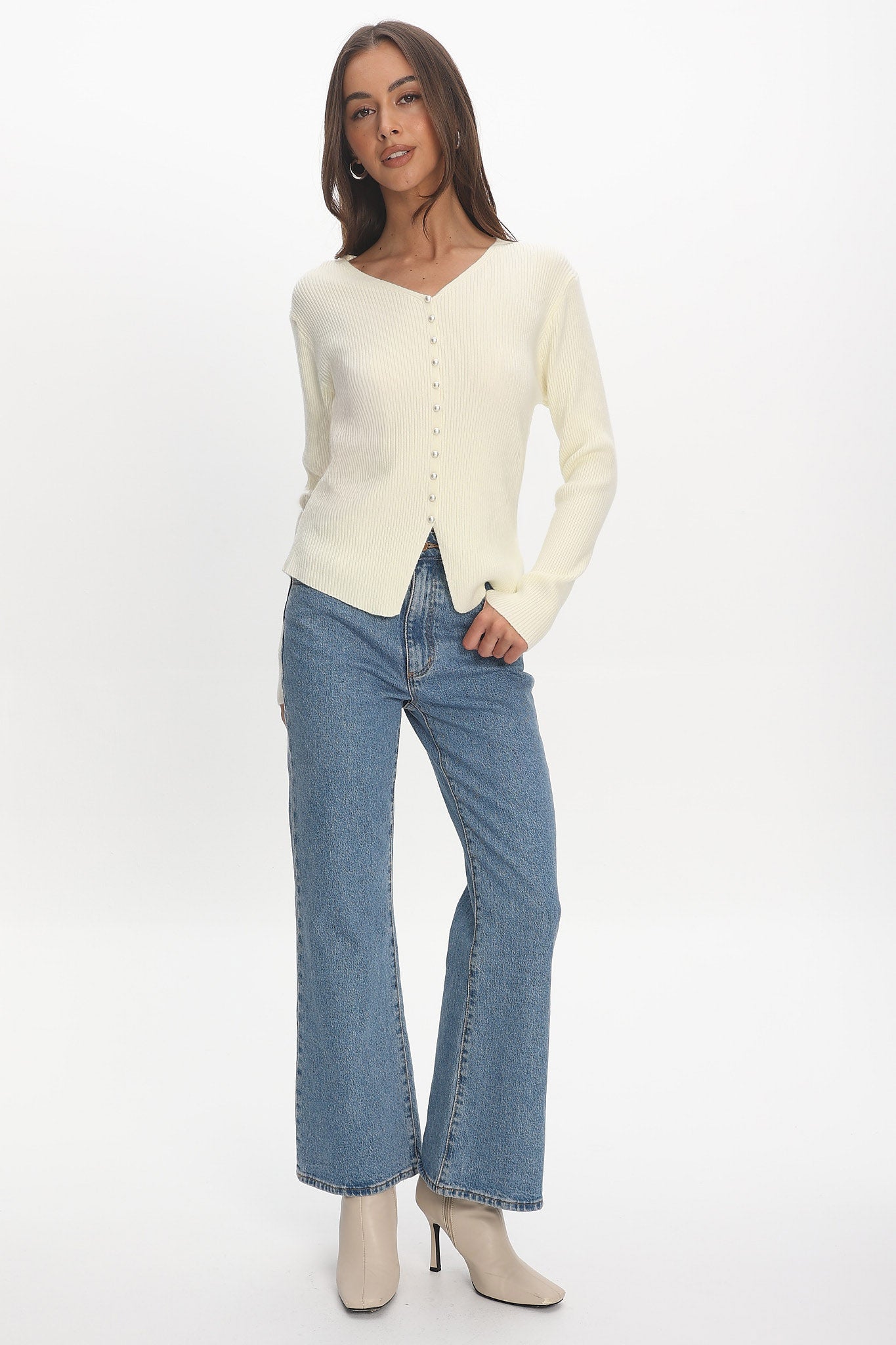 Louiz Button Front Ribbed Knit Cardigan Cream by Selfie Leslie Australia