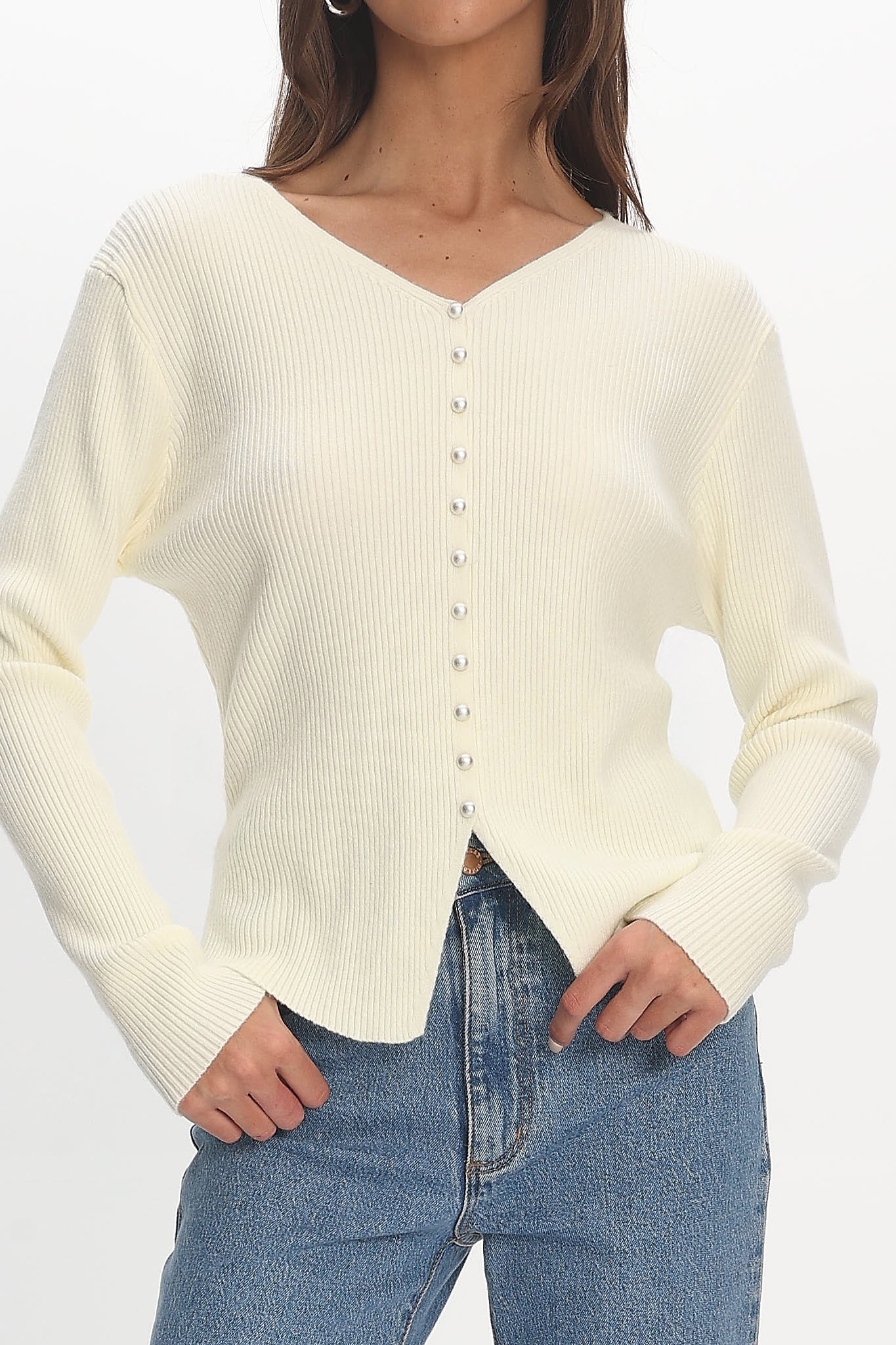 Louiz Button Front Ribbed Knit Cardigan Cream by Selfie Leslie Australia