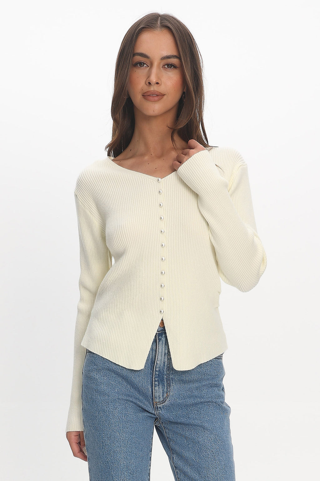 Louiz Button Front Ribbed Knit Cardigan Cream by Selfie Leslie Australia