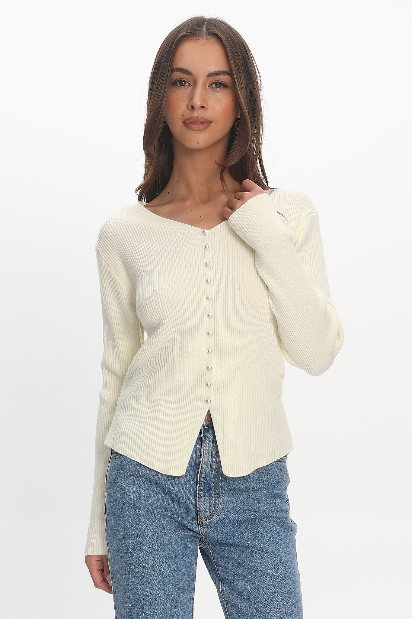 Louiz Button Front Ribbed Knit Cardigan Cream by Selfie Leslie Australia