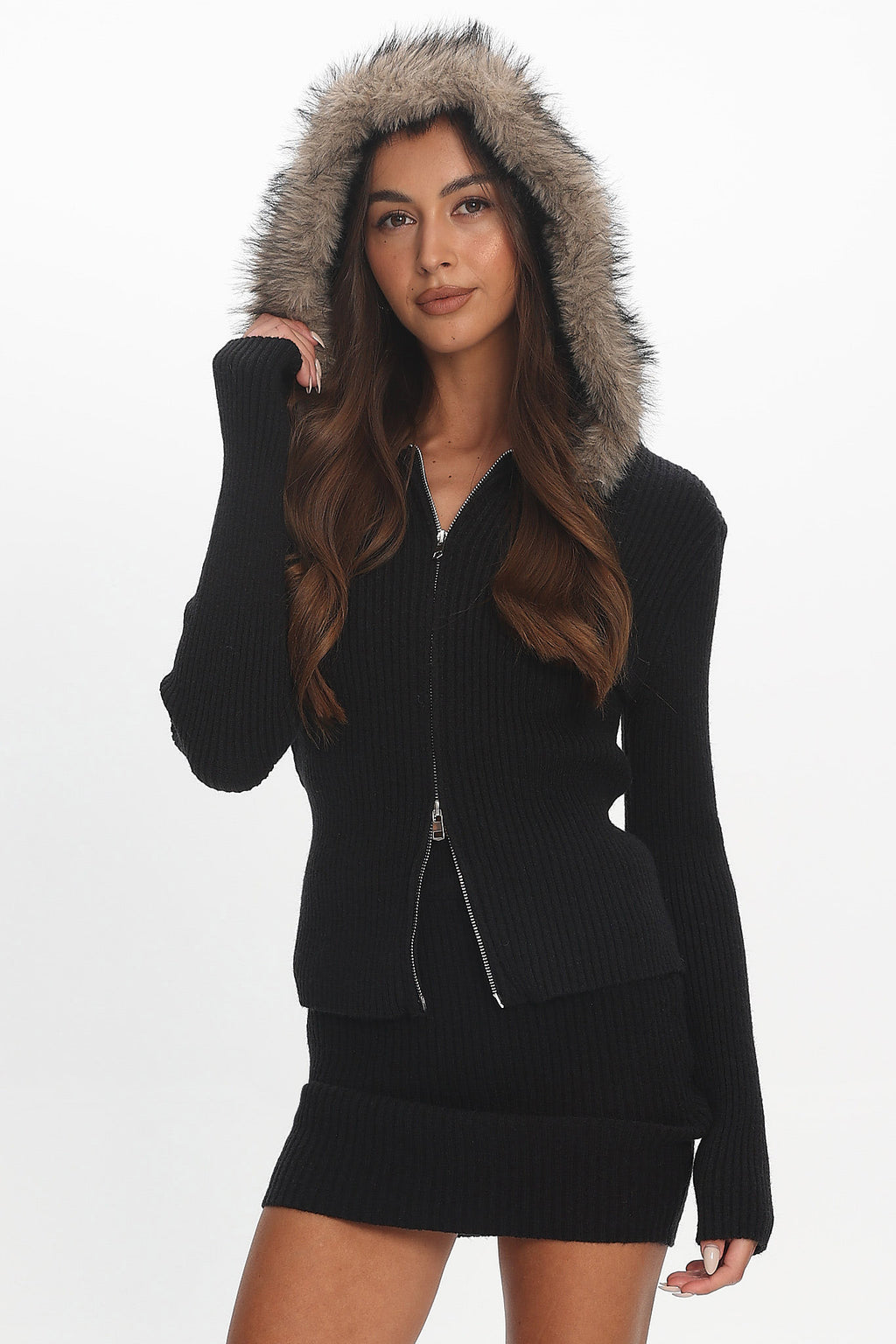 Odetta Fur Collar Knit Top Black by Selfie Leslie Australia