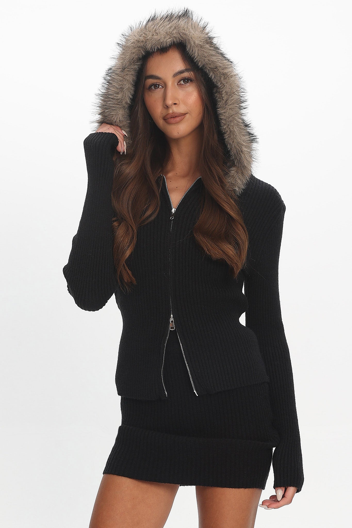 Odetta Fur Collar Knit Top Black by Selfie Leslie Australia