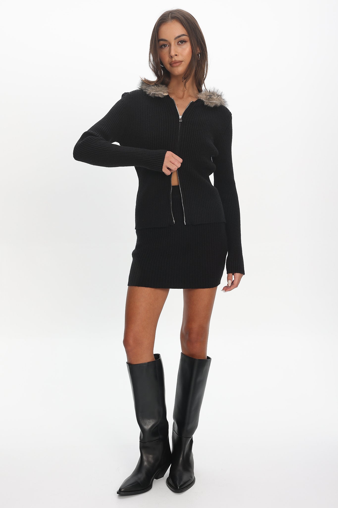 Odetta Fur Collar Knit Top Black by Selfie Leslie Australia