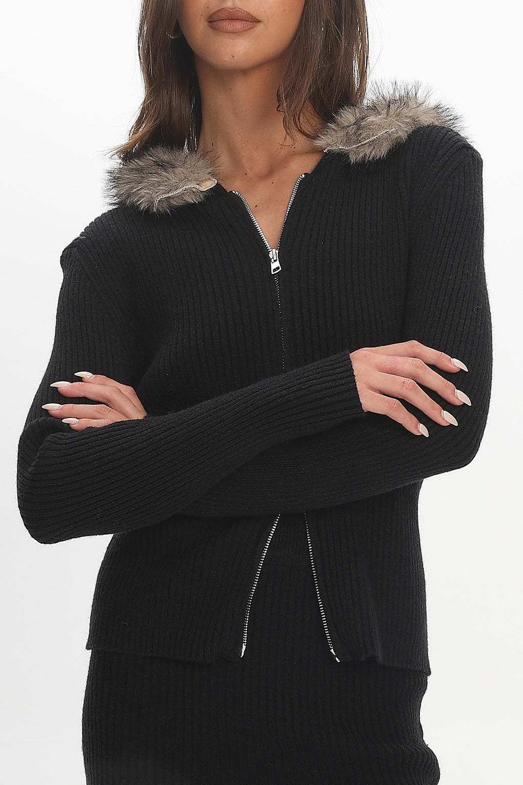 Odetta Fur Collar Knit Top Black by Selfie Leslie Australia