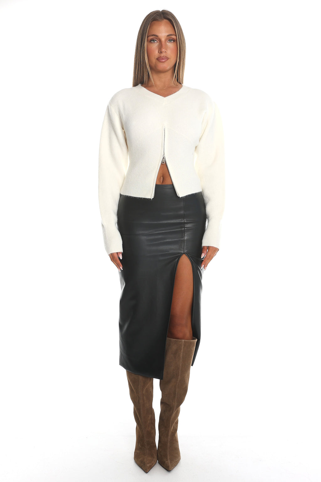 Karisa Zipper Hem Knit Top Cream by Selfie Leslie Australia