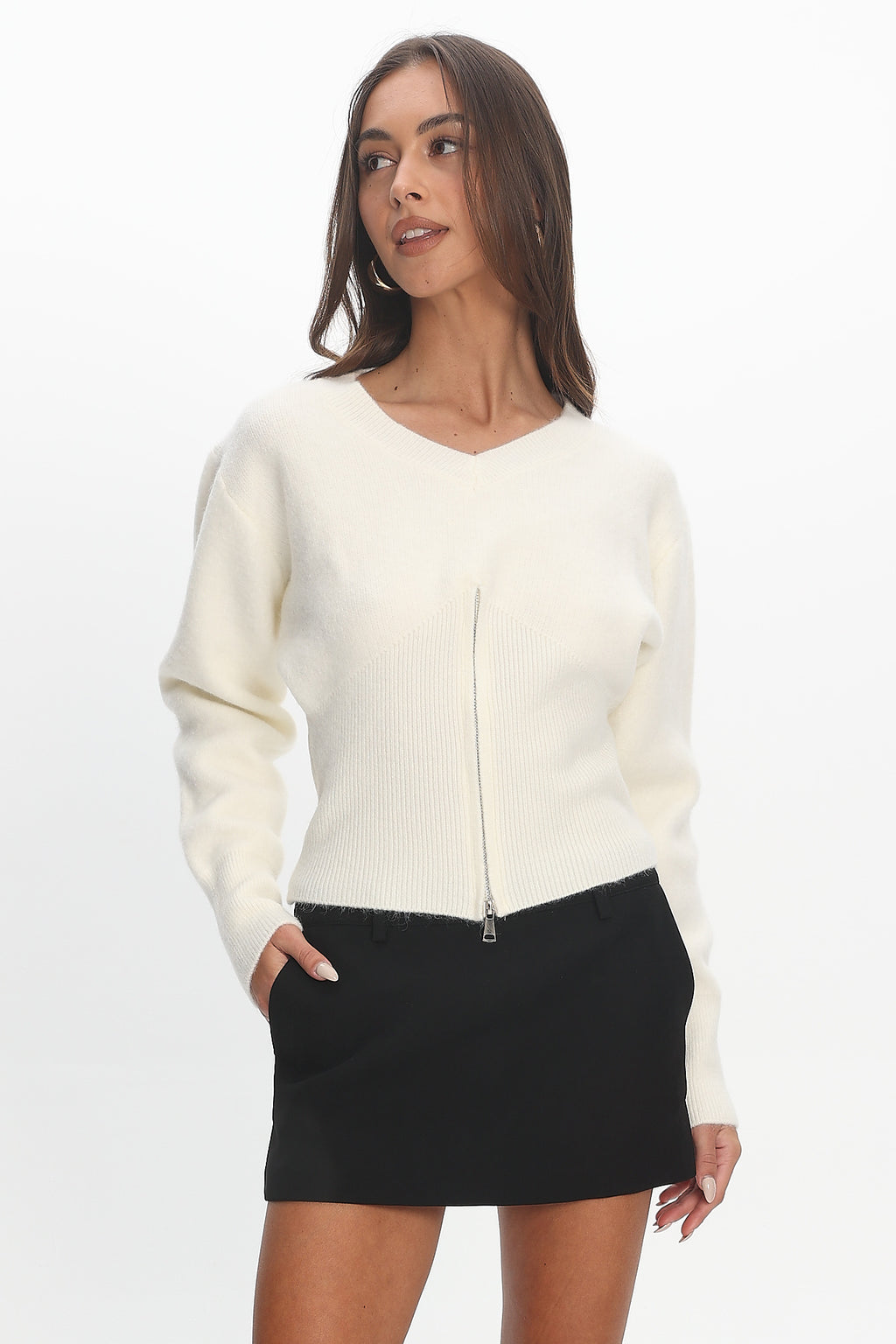Karisa Zipper Hem Knit Top Cream by Selfie Leslie Australia