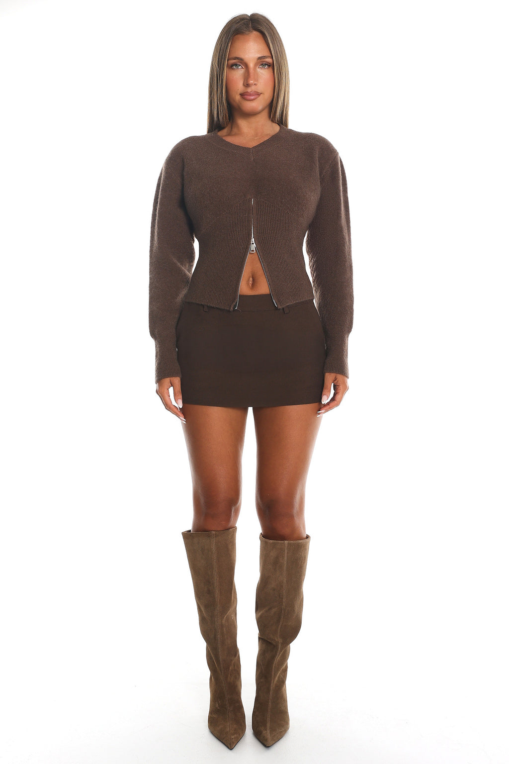 Karisa Zipper Hem Knit Top Mocha by Selfie Leslie Australia