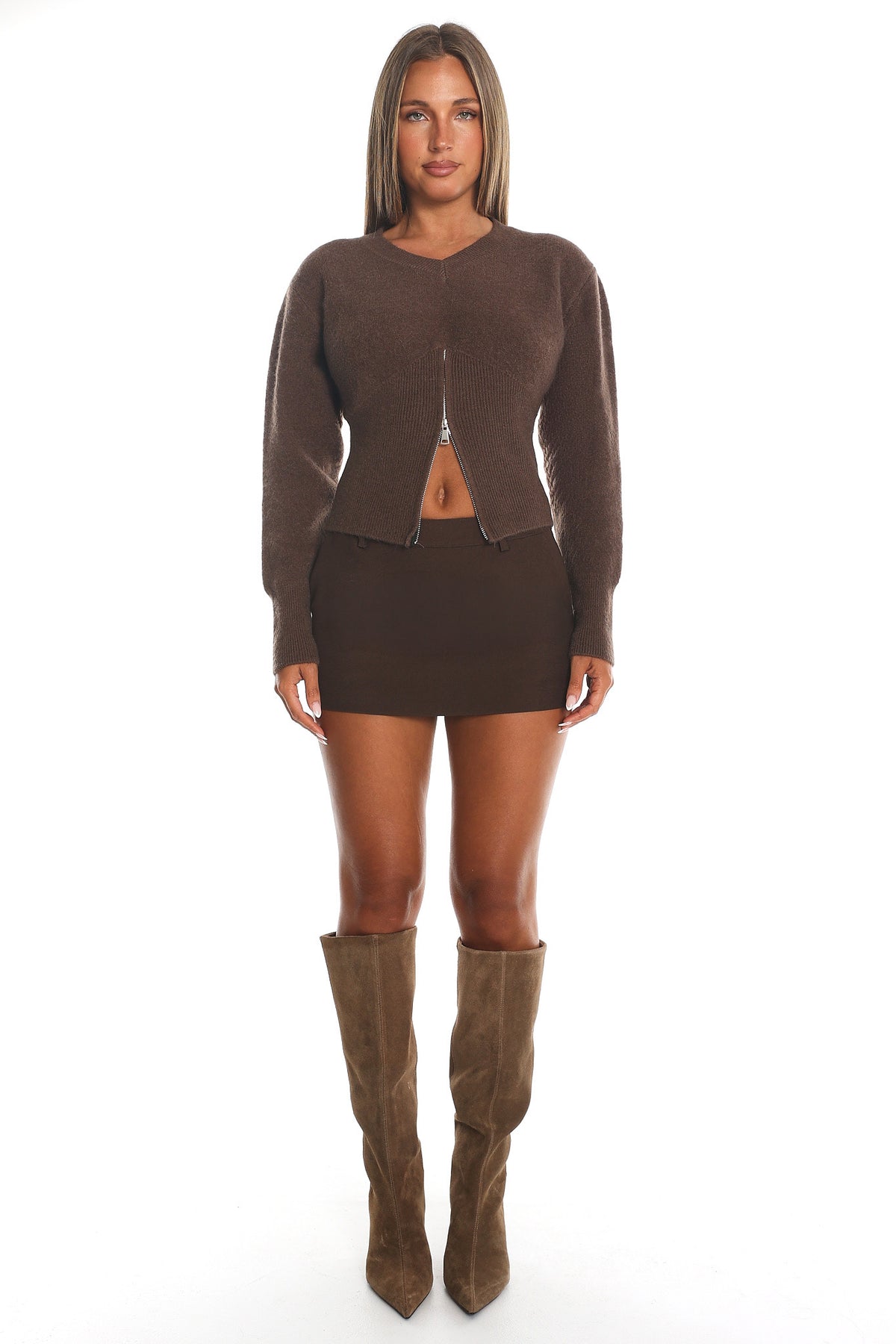 Karisa Zipper Hem Knit Top Mocha by Selfie Leslie Australia