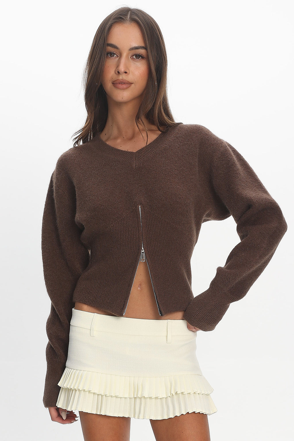 Karisa Zipper Hem Knit Top Mocha by Selfie Leslie Australia