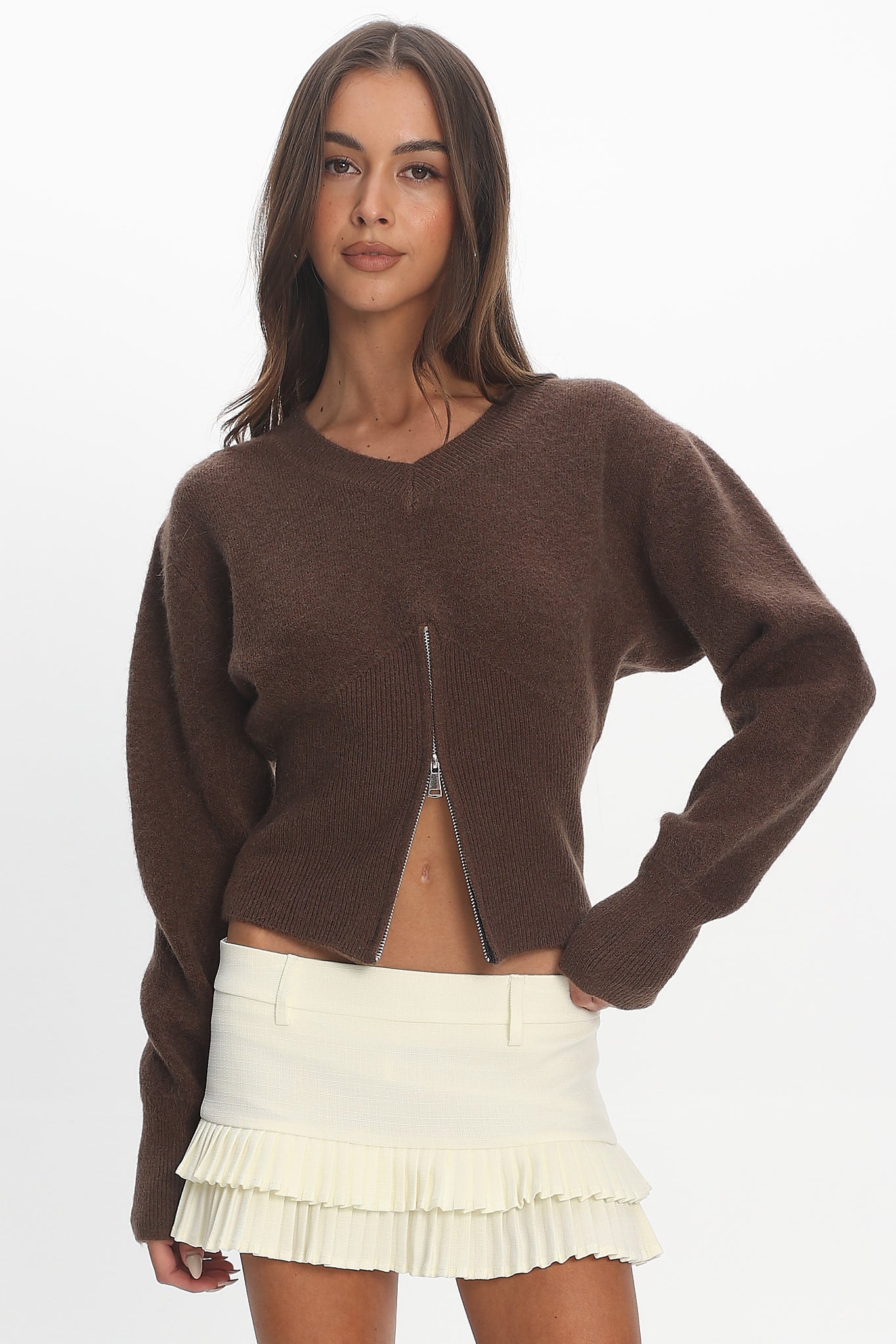 Karisa Zipper Hem Knit Top Mocha by Selfie Leslie Australia
