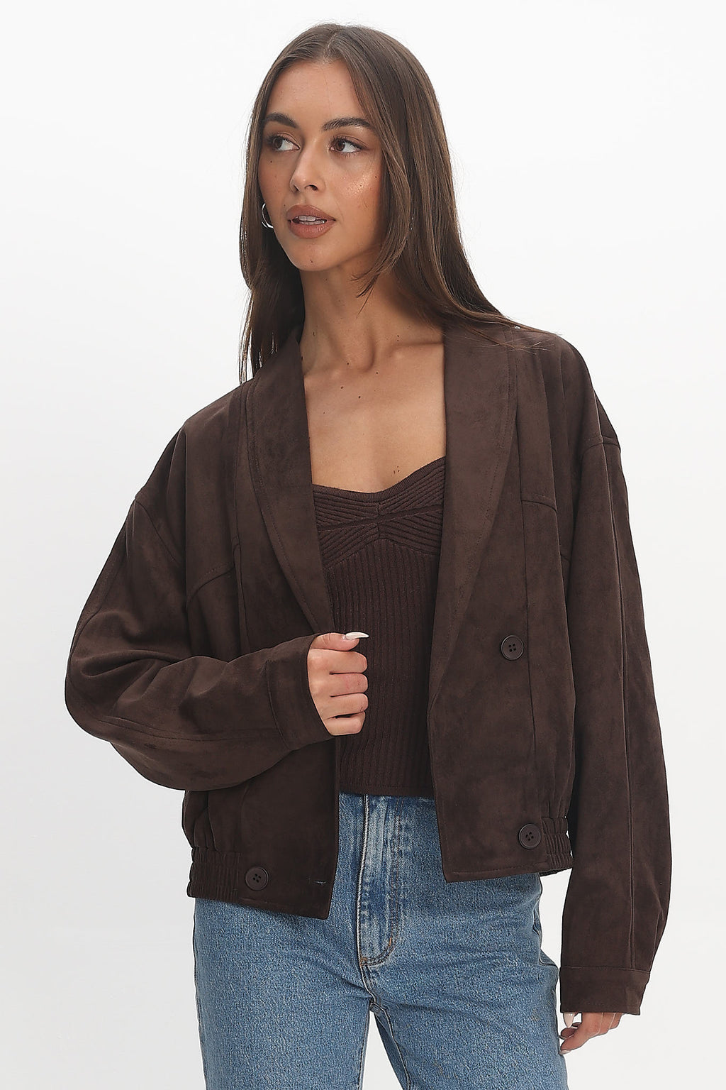 Rampage Faux Suede Blouson Jacket Chocolate by Selfie Leslie Australia