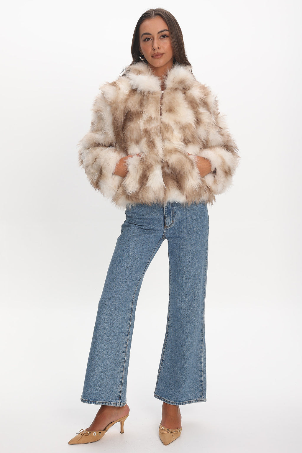 Moving On Faux Fur Coat Beige by Selfie Leslie Australia