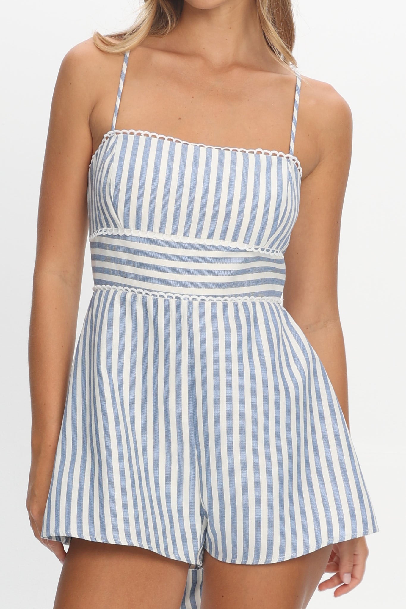 Helsinki Lace Trimmed Romper Stripe Blue by Selfie Leslie Australia