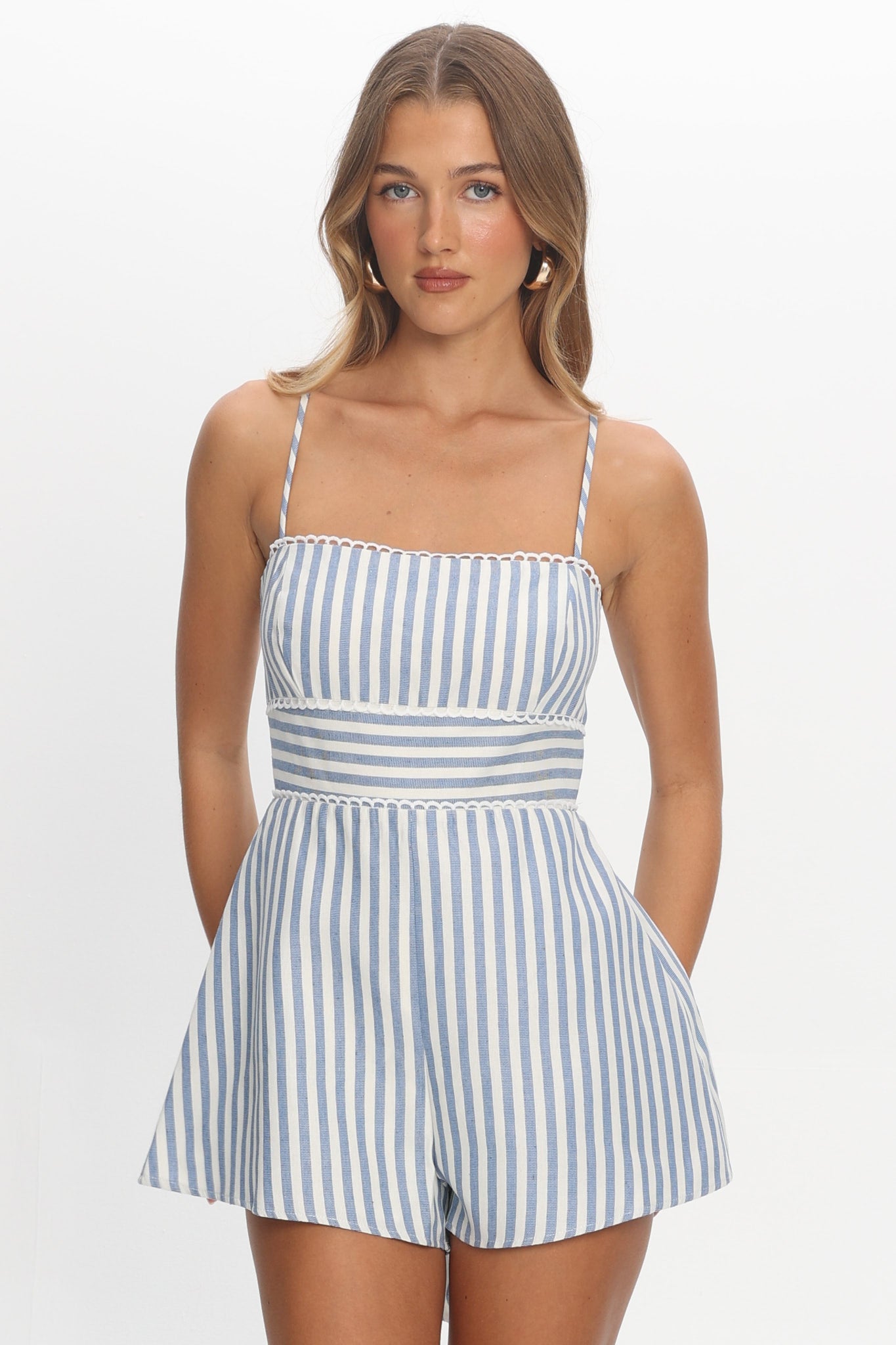 Helsinki Lace Trimmed Romper Stripe Blue by Selfie Leslie Australia