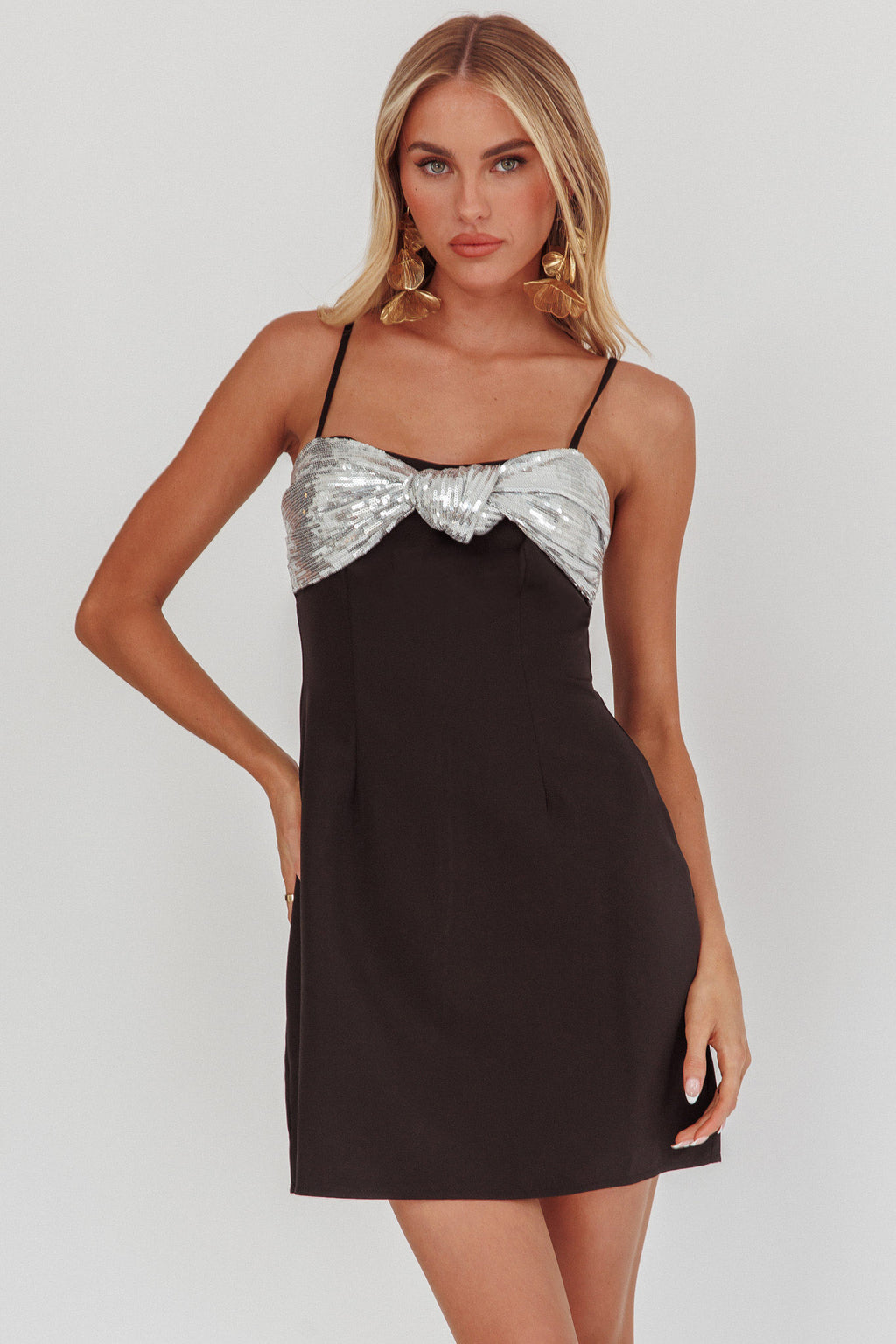 Sweet Caroline Sequin Twist Mini Dress Black/Silver by Selfie Leslie Australia