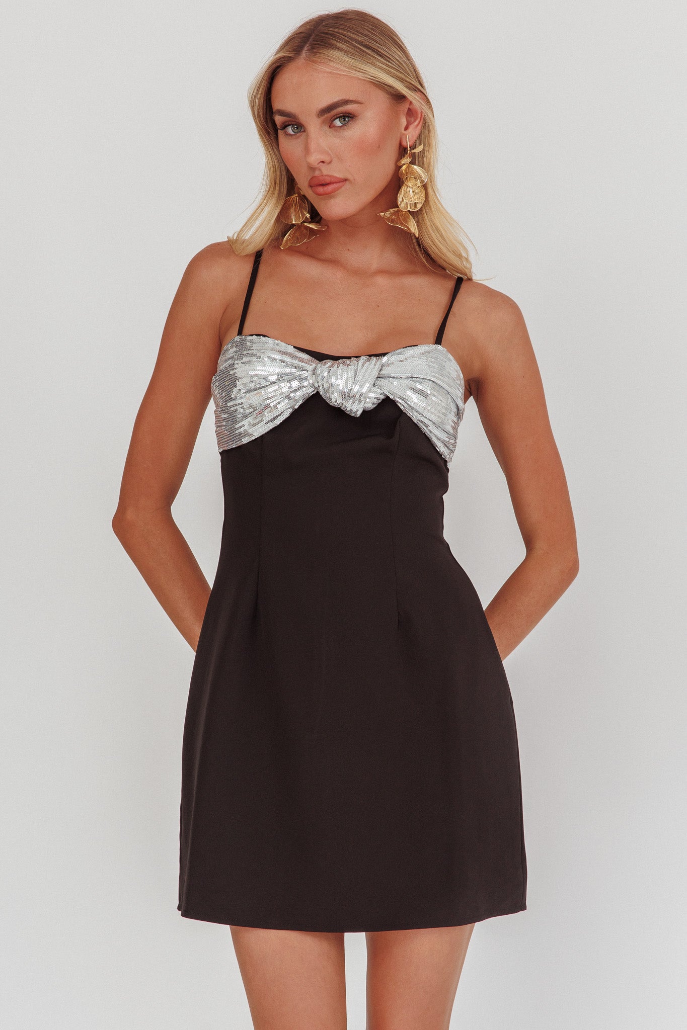 Sweet Caroline Sequin Twist Mini Dress Black/Silver by Selfie Leslie Australia