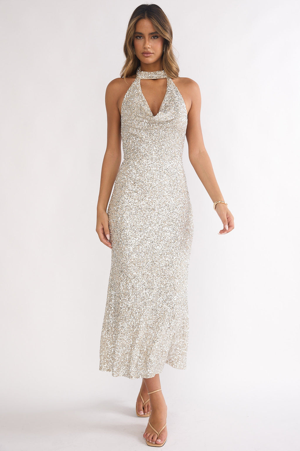 Sky Of Diamonds Backless Midi Dress Sequin Silver by Selfie Leslie Australia