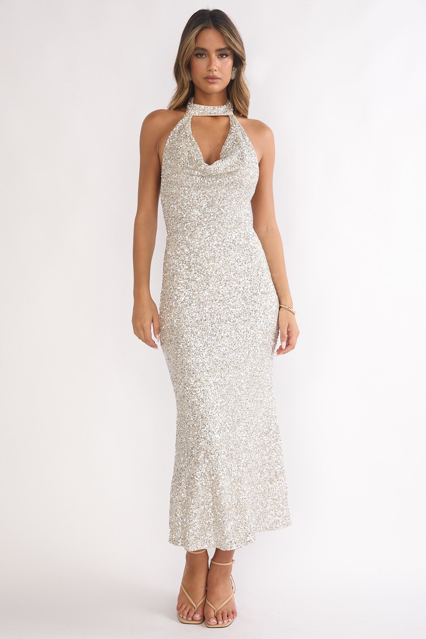 Sky Of Diamonds Backless Midi Dress Sequin Silver by Selfie Leslie Australia
