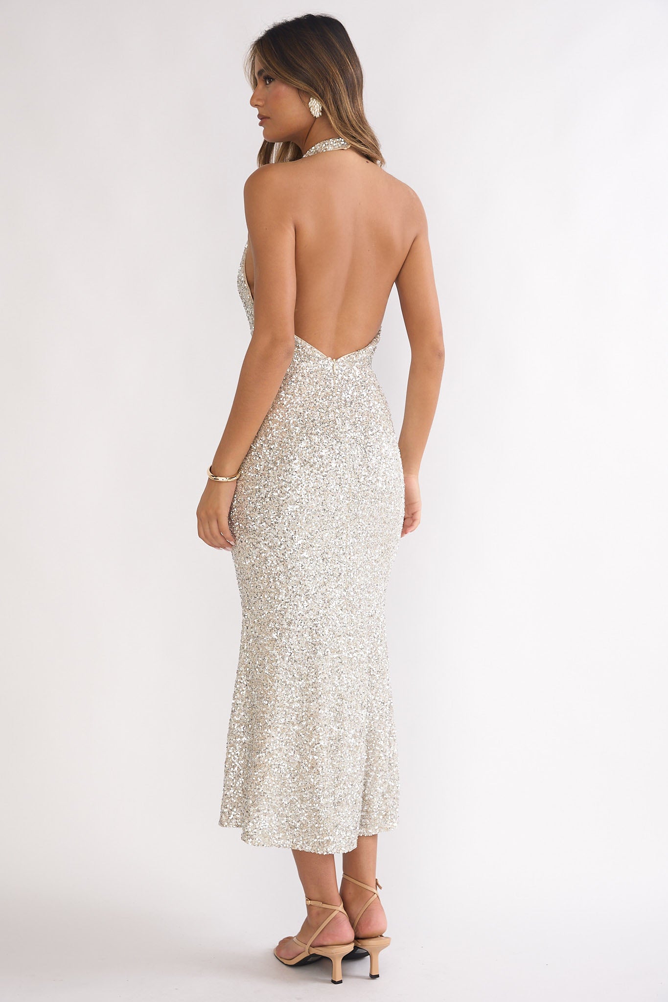 Sky Of Diamonds Backless Midi Dress Sequin Silver by Selfie Leslie Australia