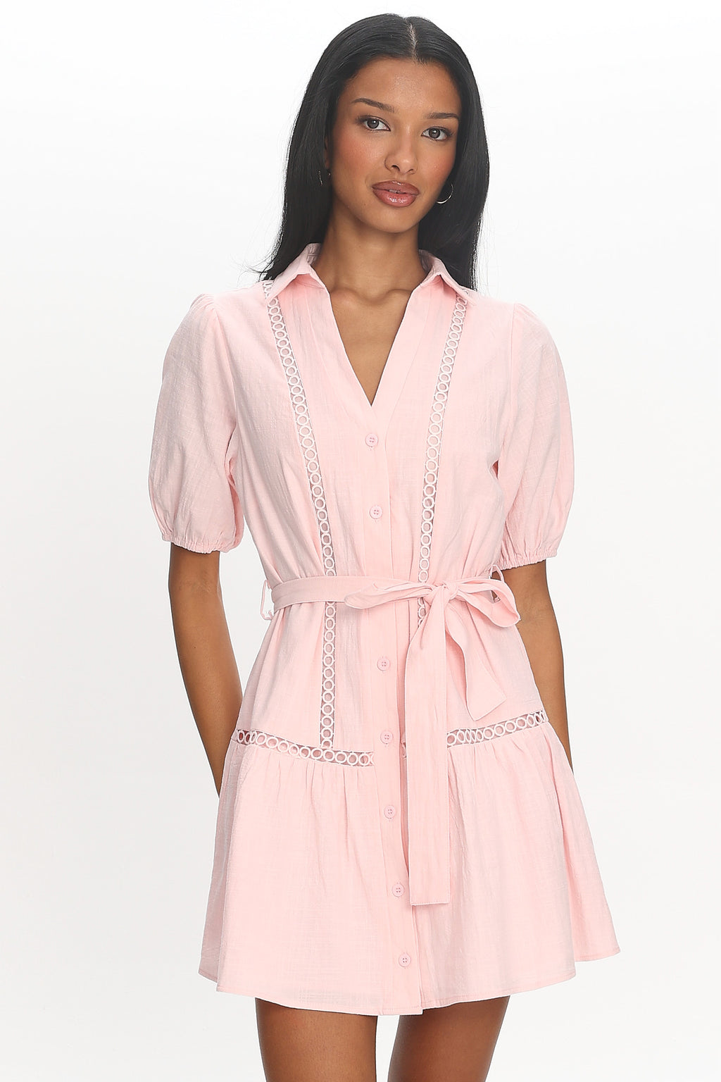 Darling Blossom Puff Sleeve Mini Shirt Dress Baby Pink