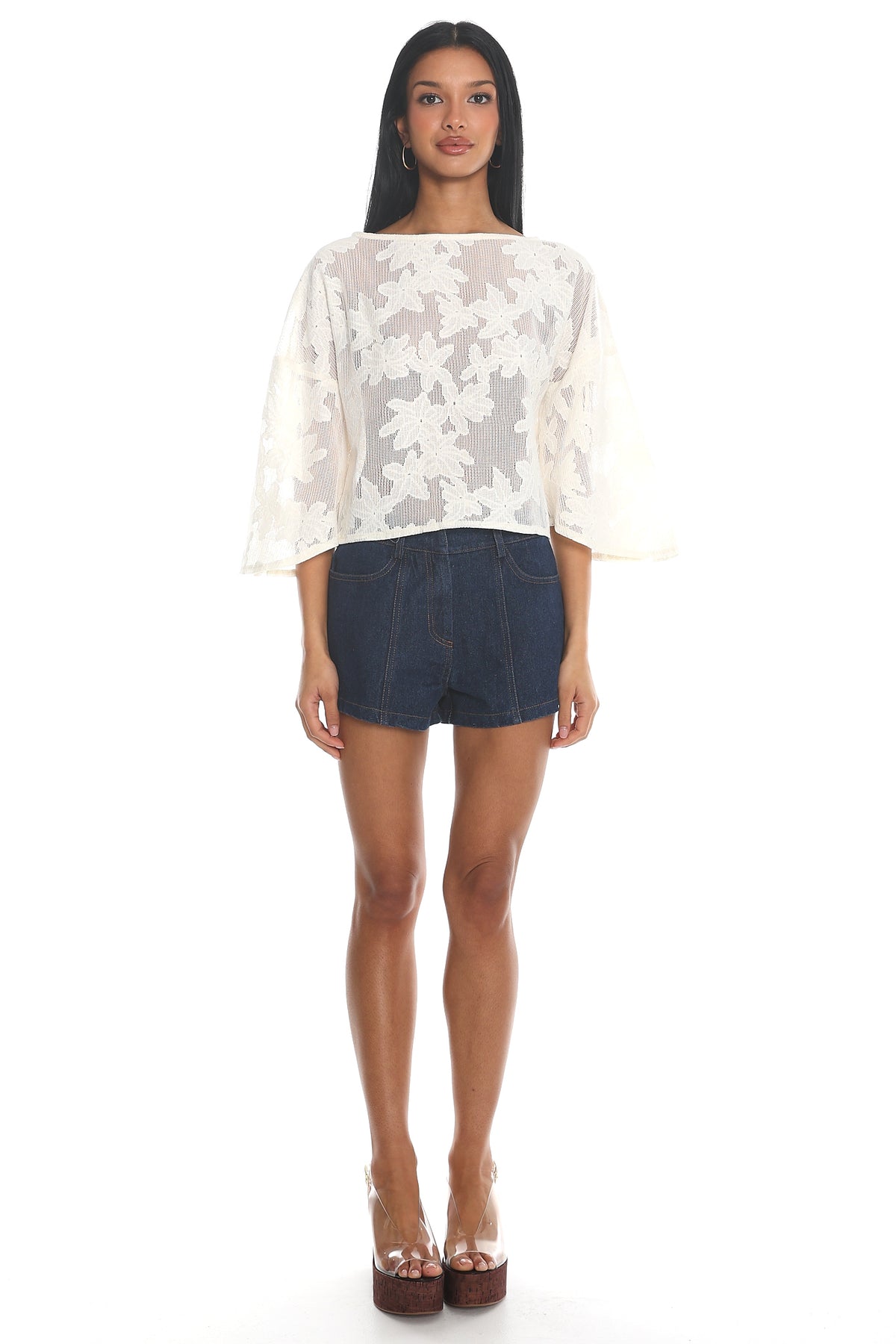 Sol Blanca Bell Sleeve Lace Crop Top Off White