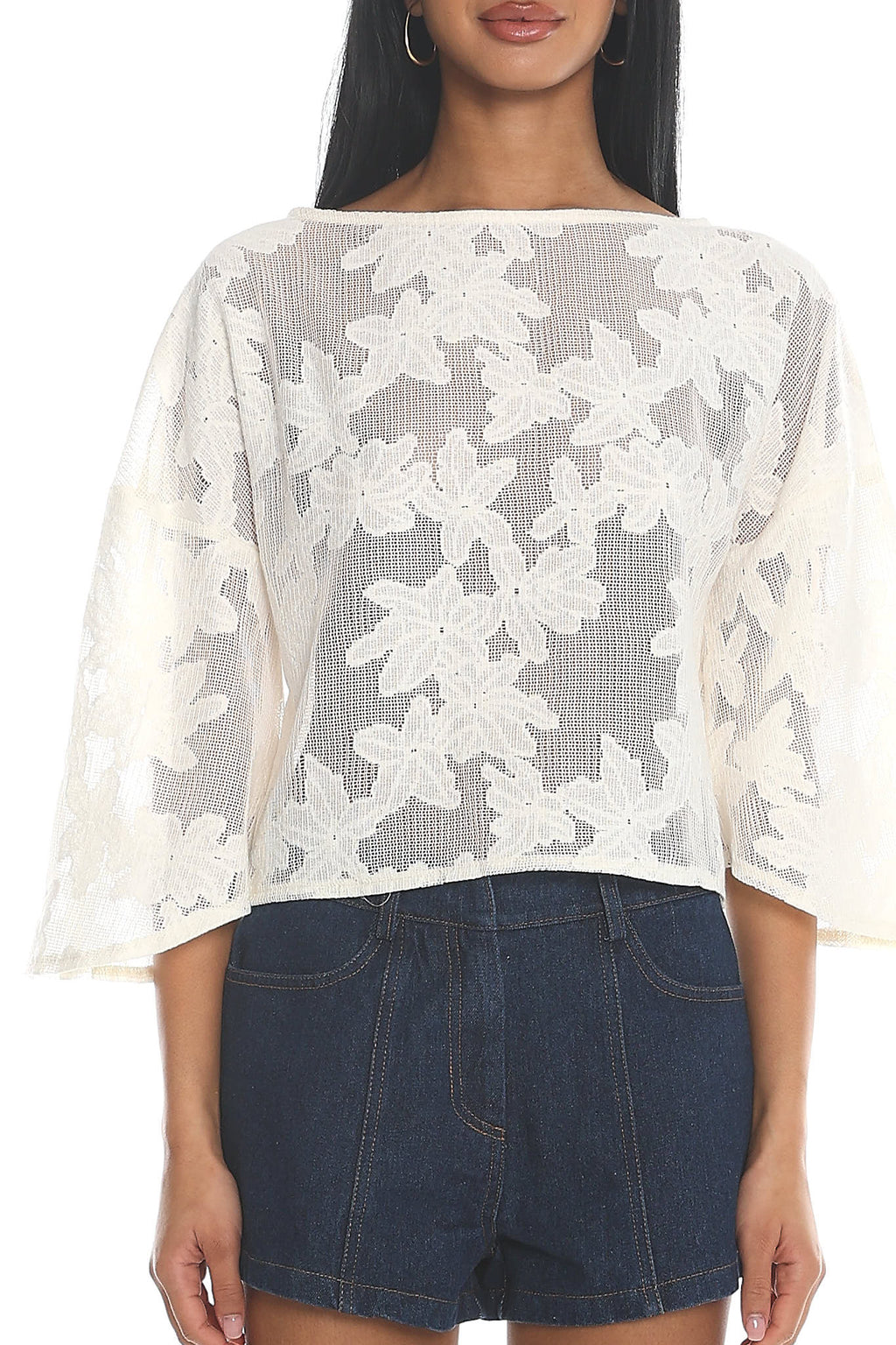 Sol Blanca Bell Sleeve Lace Crop Top Off White